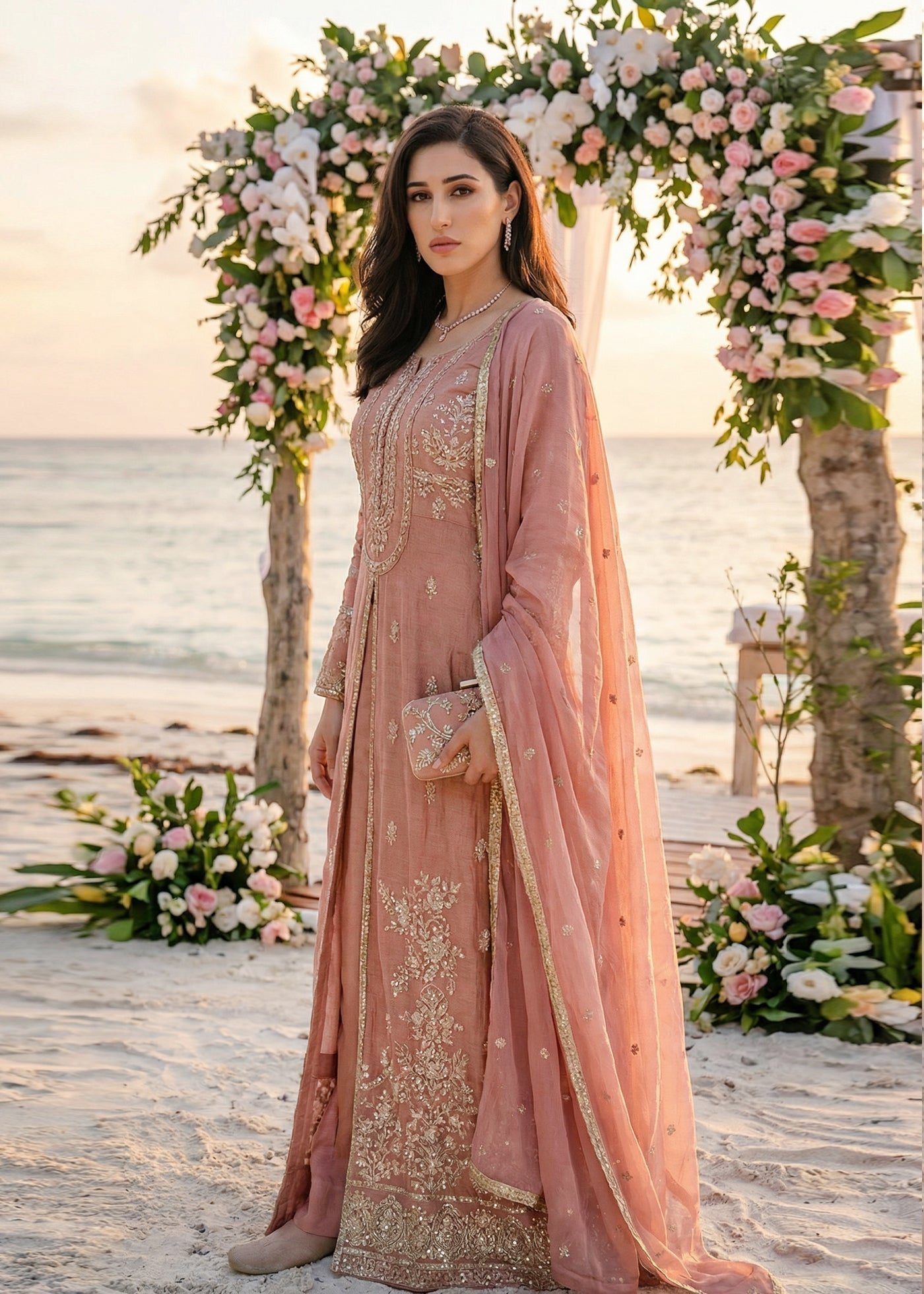 raw silk Maxi in Peach pink
