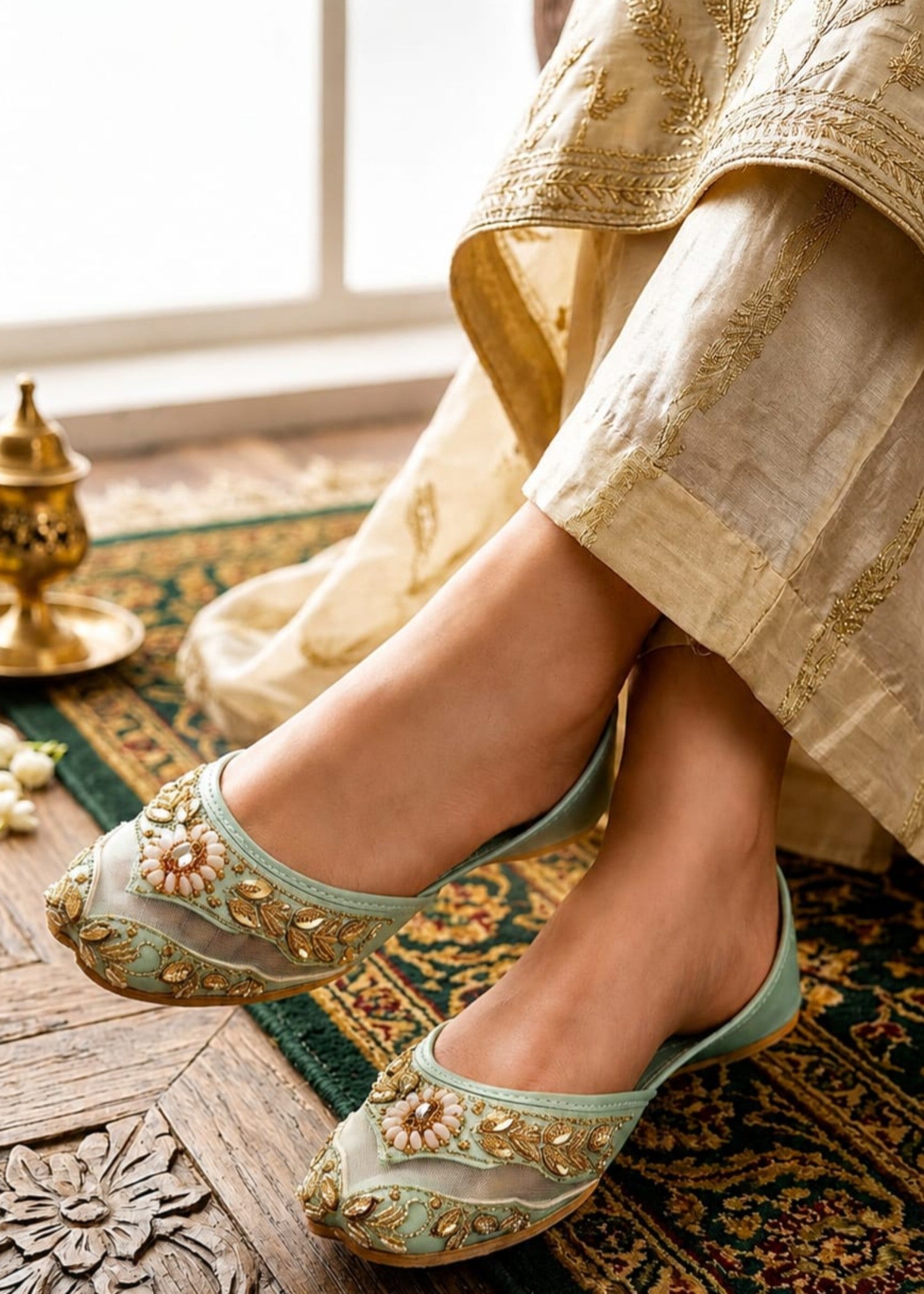 Khussa in Moss green by - High Quality Women Khussa FNM0772