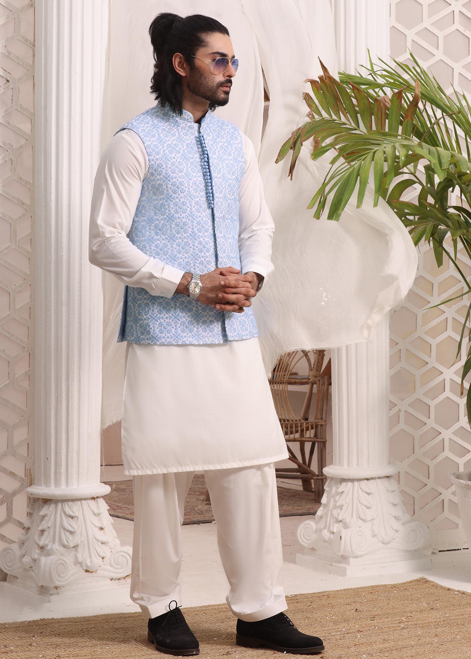 raw silk Waistcoat in Sky blue