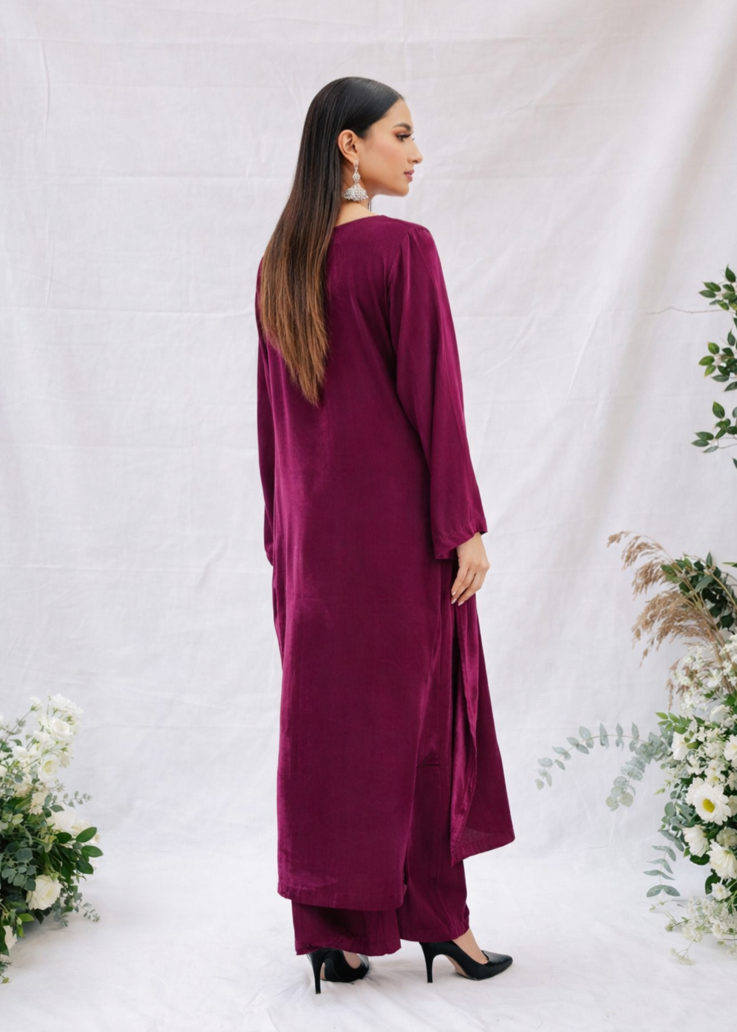 velvet Kurta Set in Plum