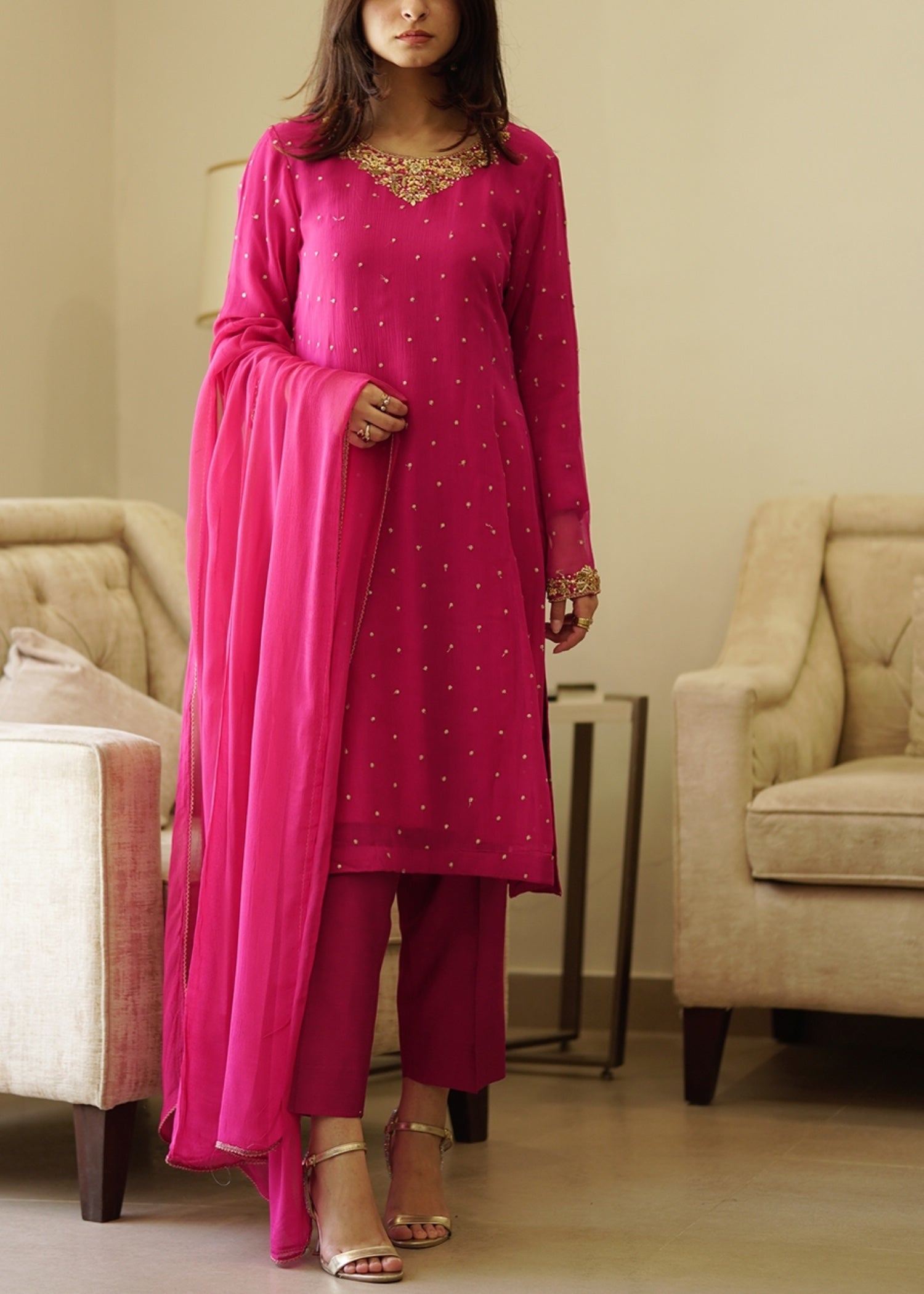chiffon Kurta Set in Deep pink