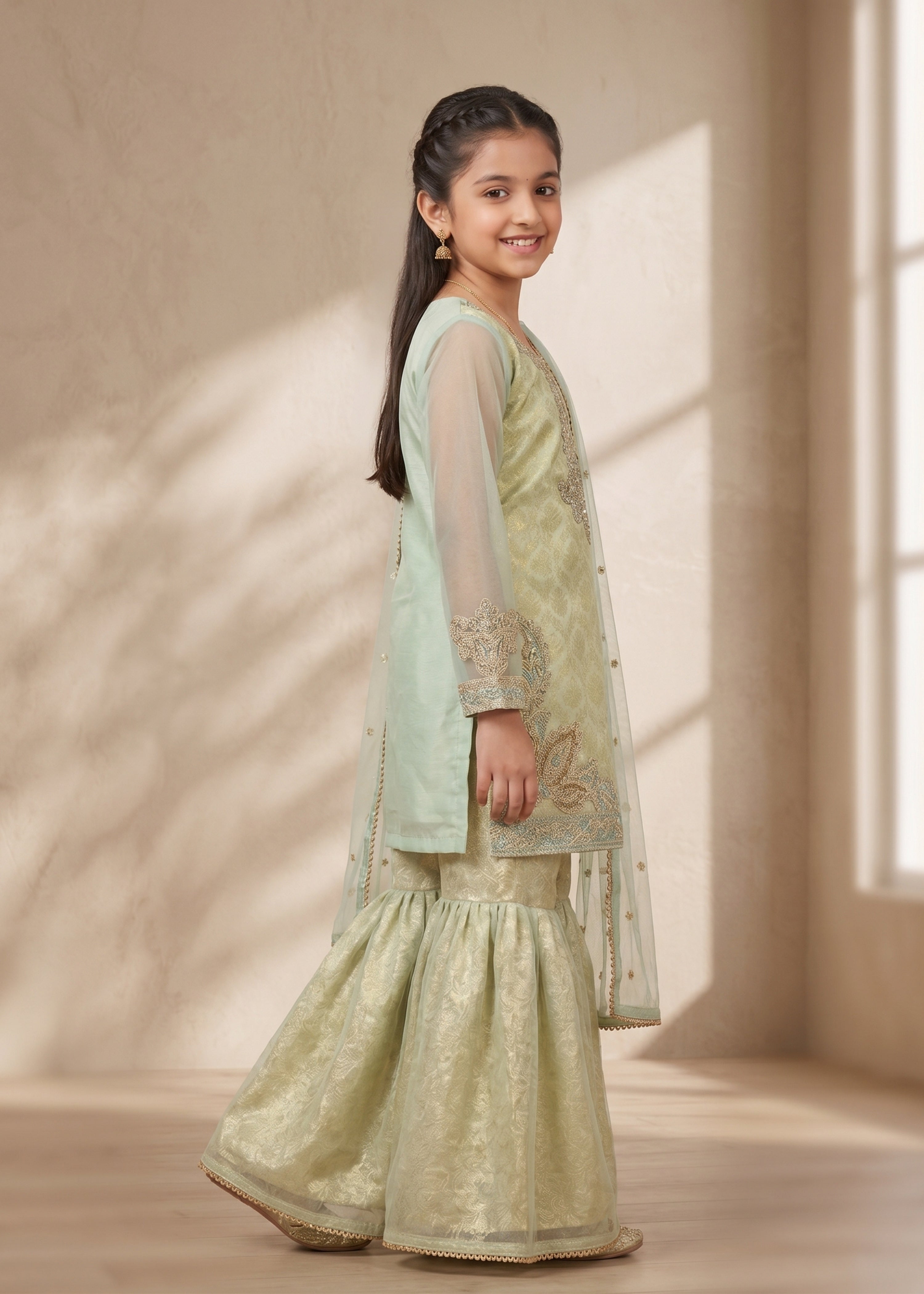 lawn Gharara in Pistachio green