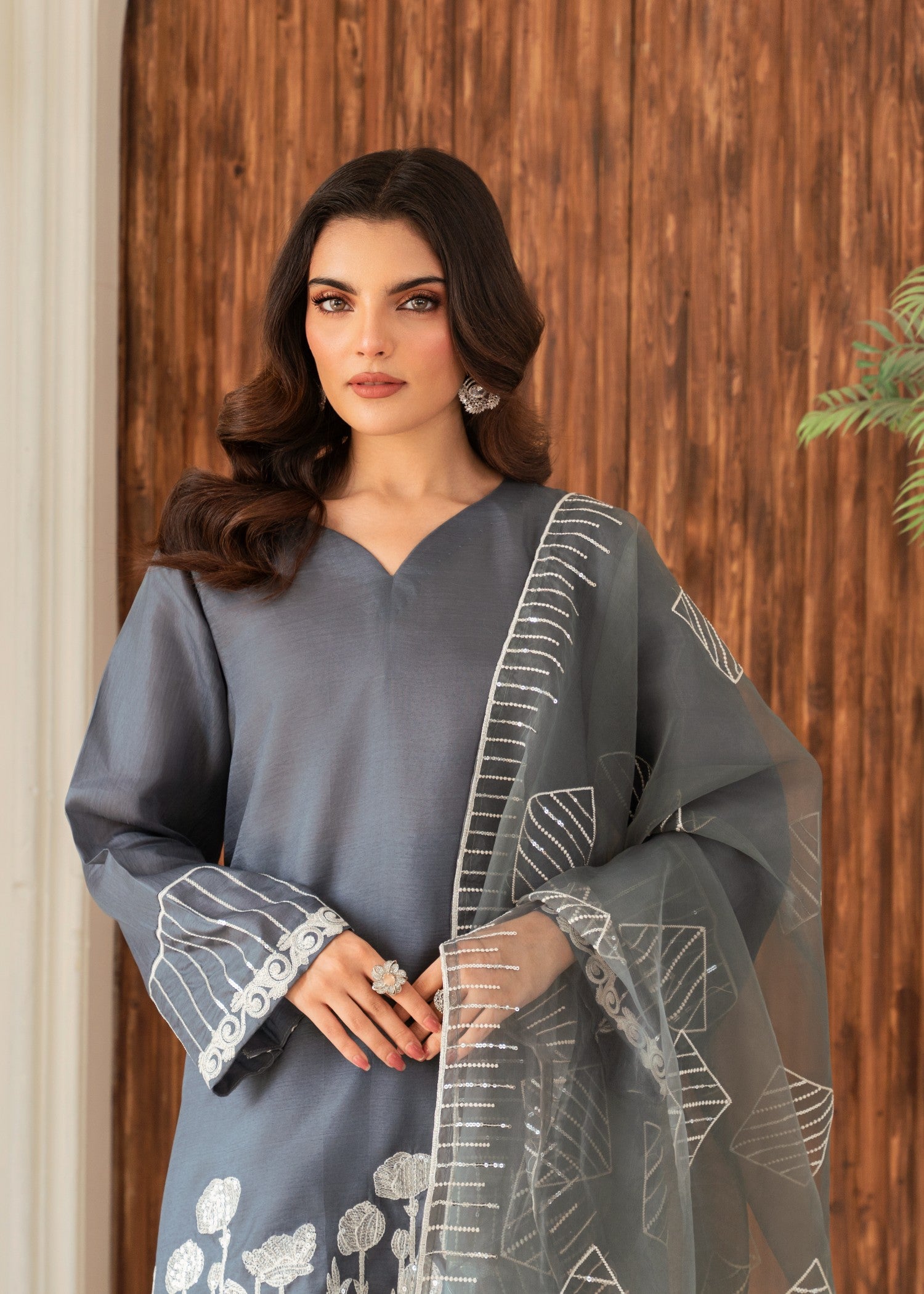 kattan silk Kurta Set in Steal grey