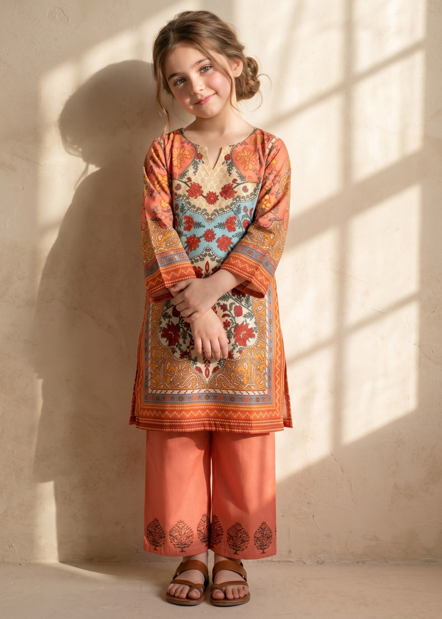 crepe polyester Kurta Set in Orange
