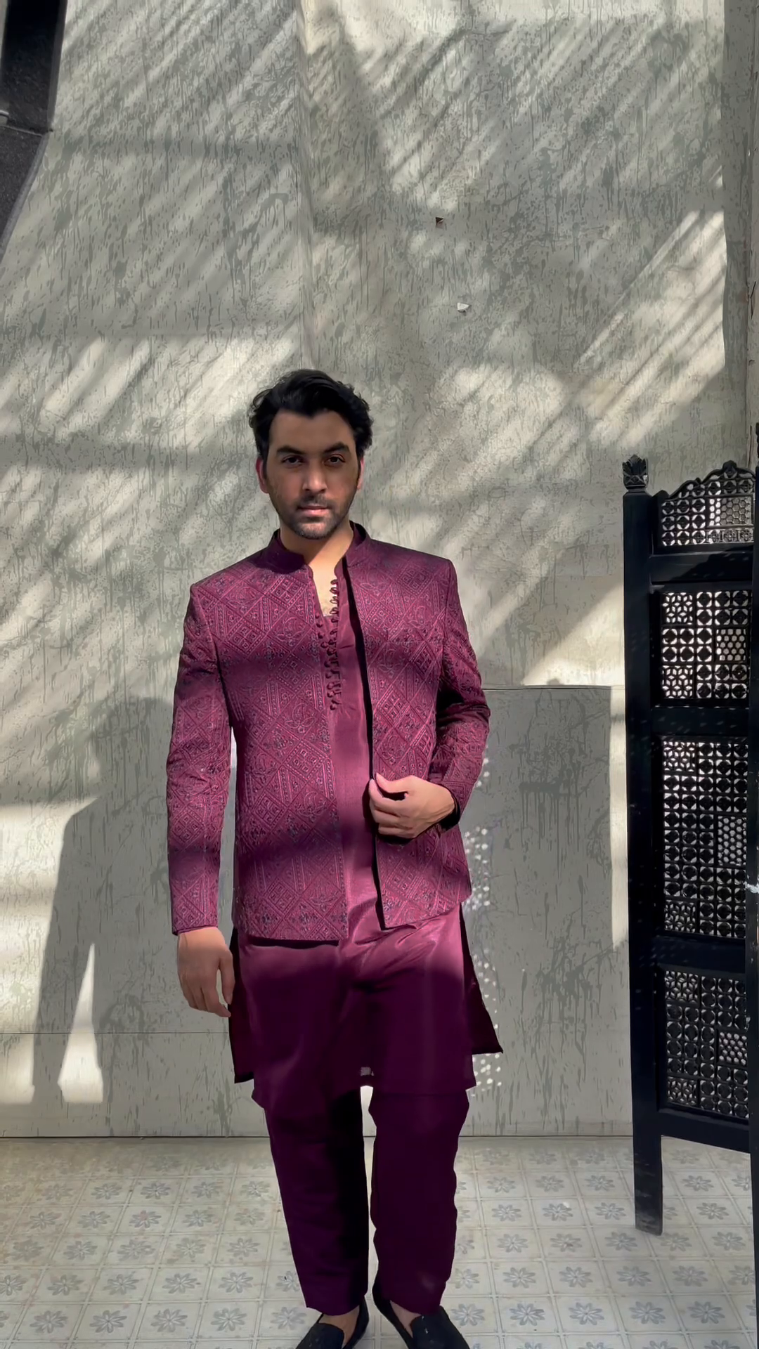 raw silk Prince Coat in Burgundy by HK Fashion