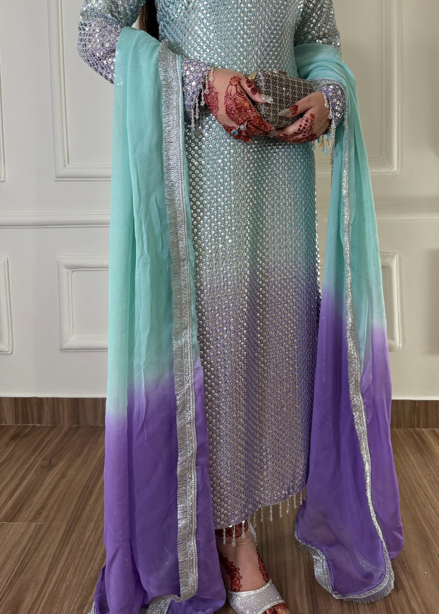 bemberg crinkle chiffon Kurta Set in Sky blue, bright lavender