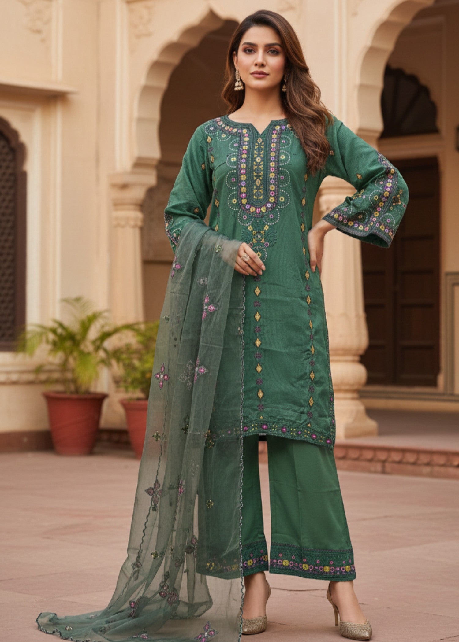 organza net Kurta Set in Pine green