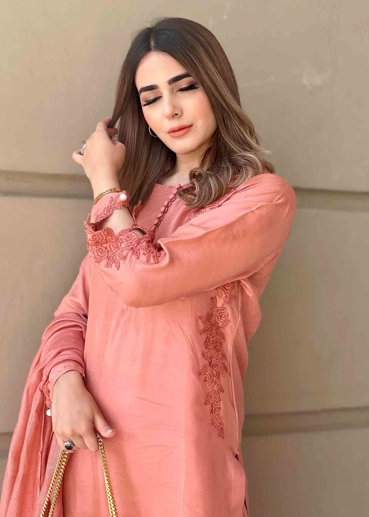 raw silk Kurta Set in Coral pink