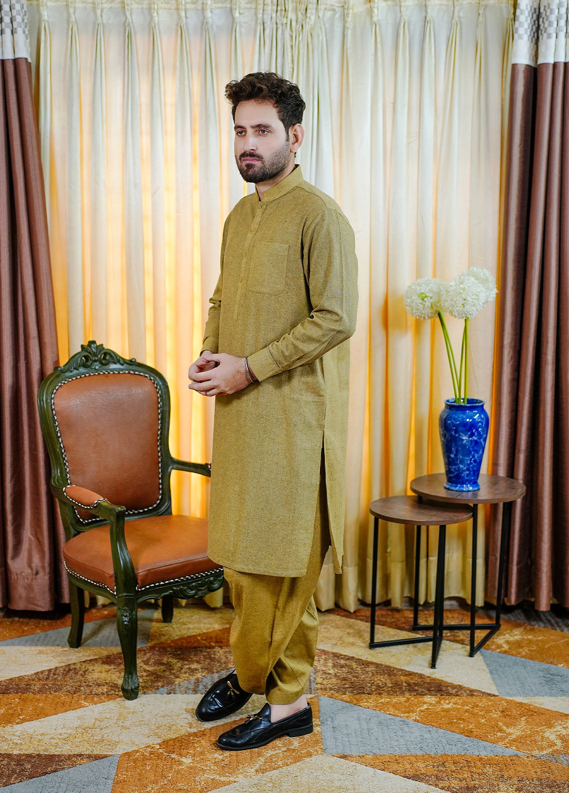 blended wool Shalwar Kameez in Mustard