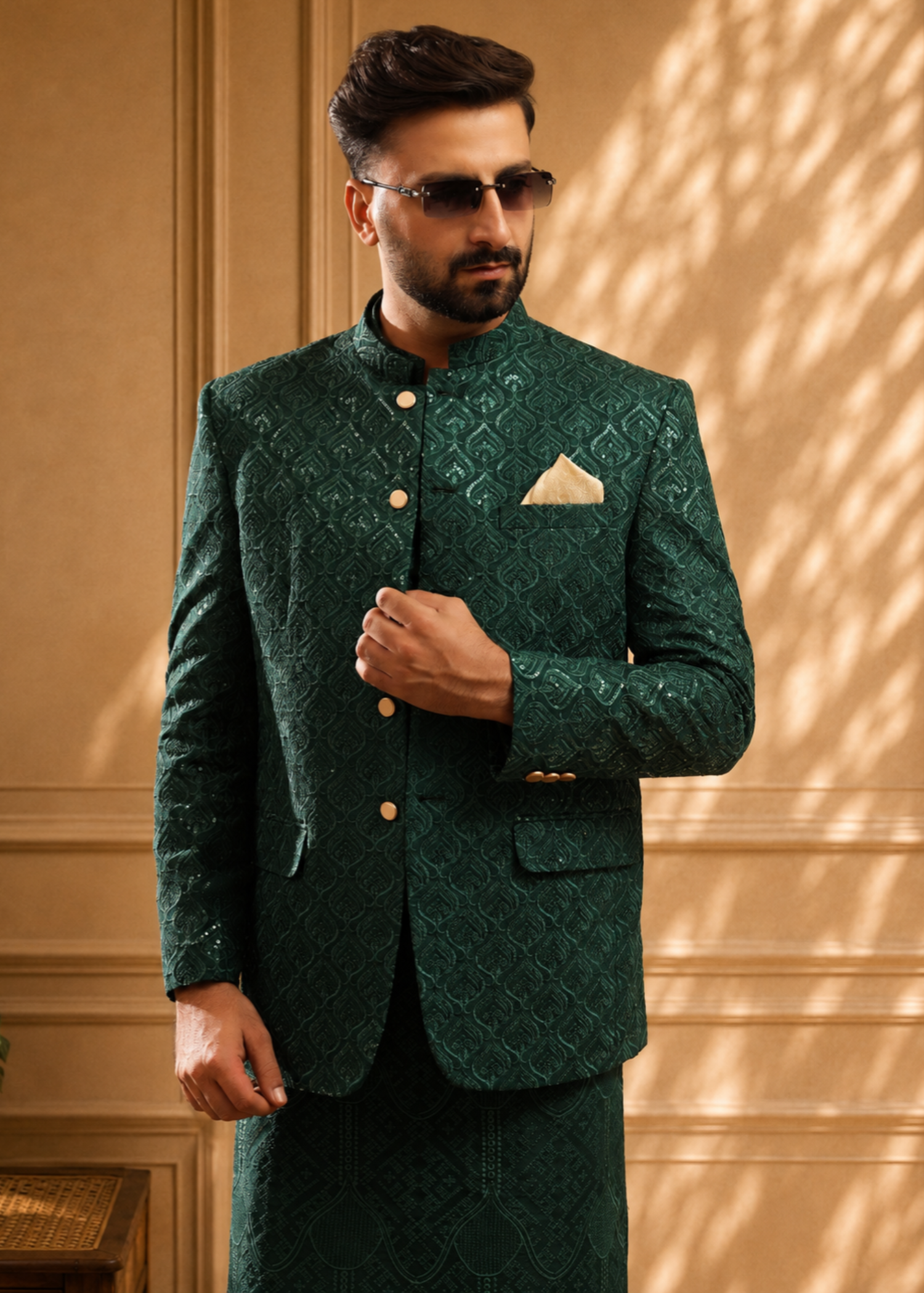 jamawar Prince Coat in Dark green