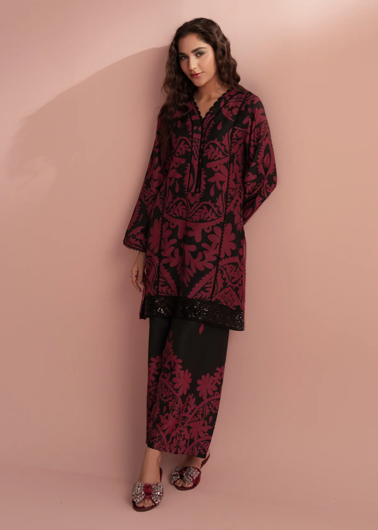 poly lawn Co Ord Sets in Black, blood red