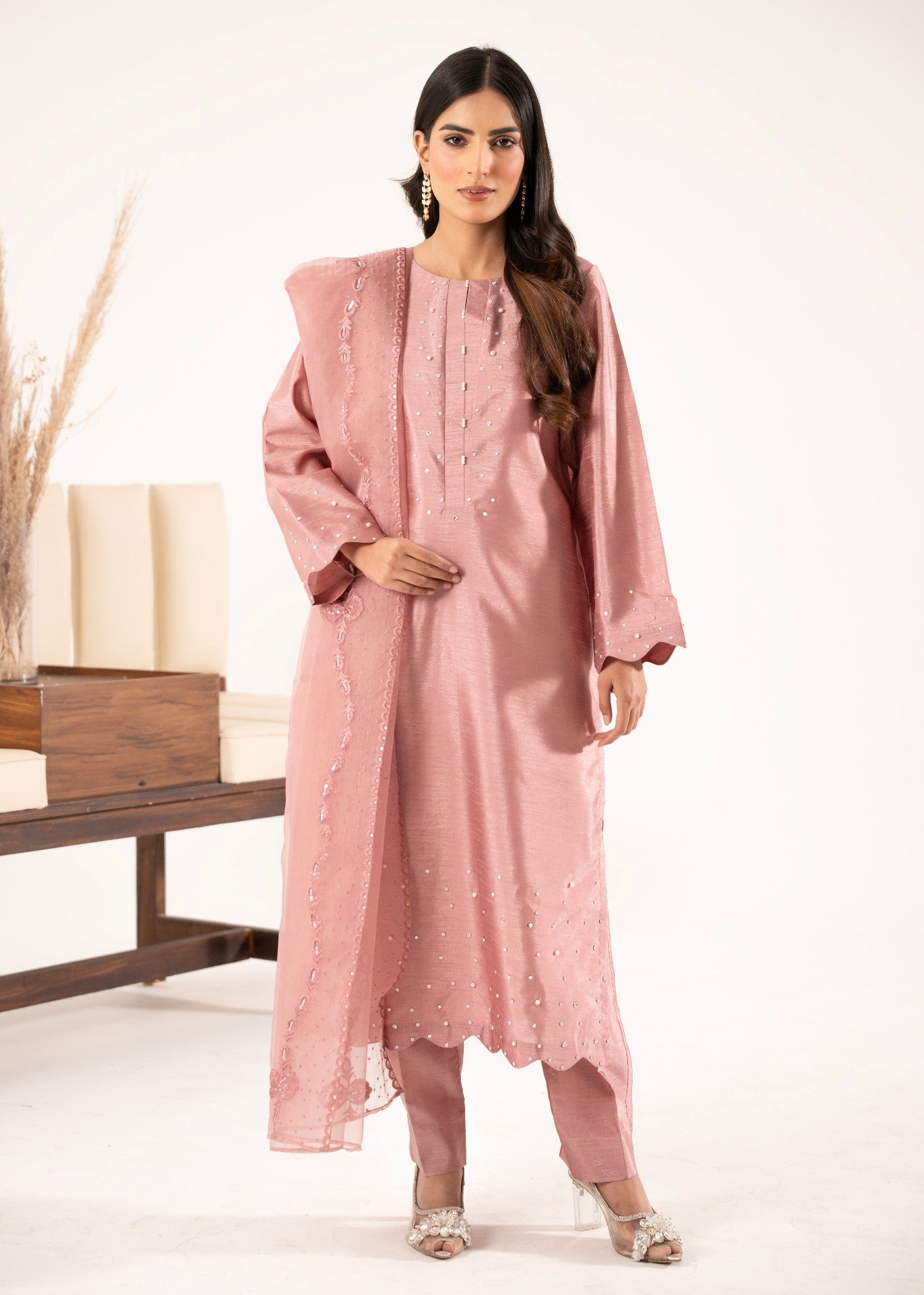 pk raw silk Kurta Set in Tea rose pink