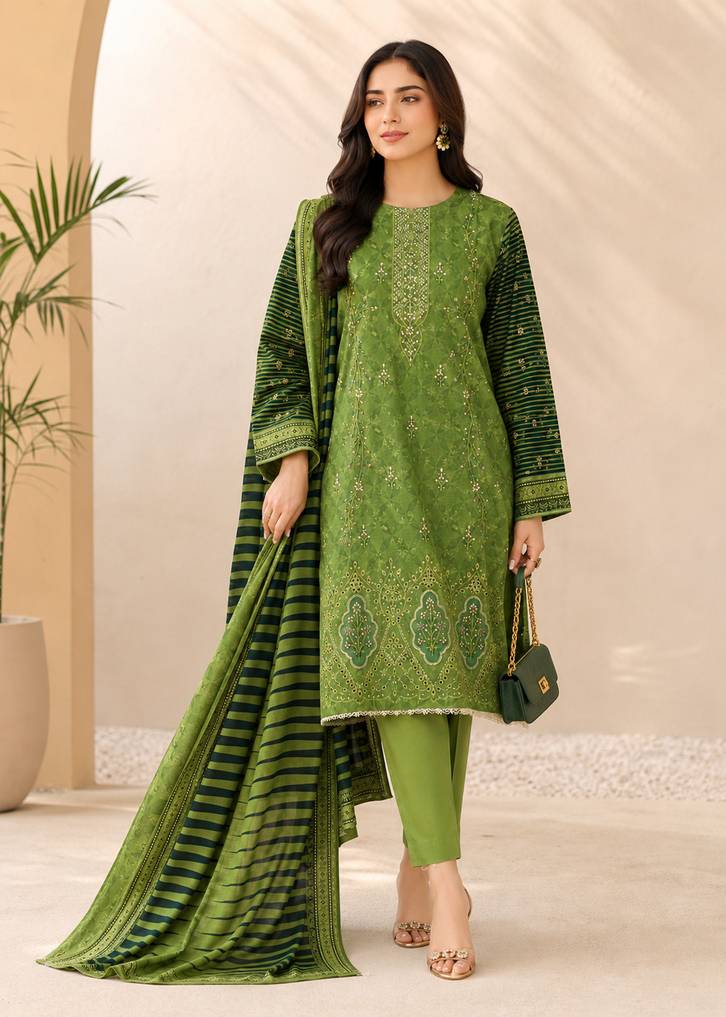 lawn Kurta Set in Lawn green