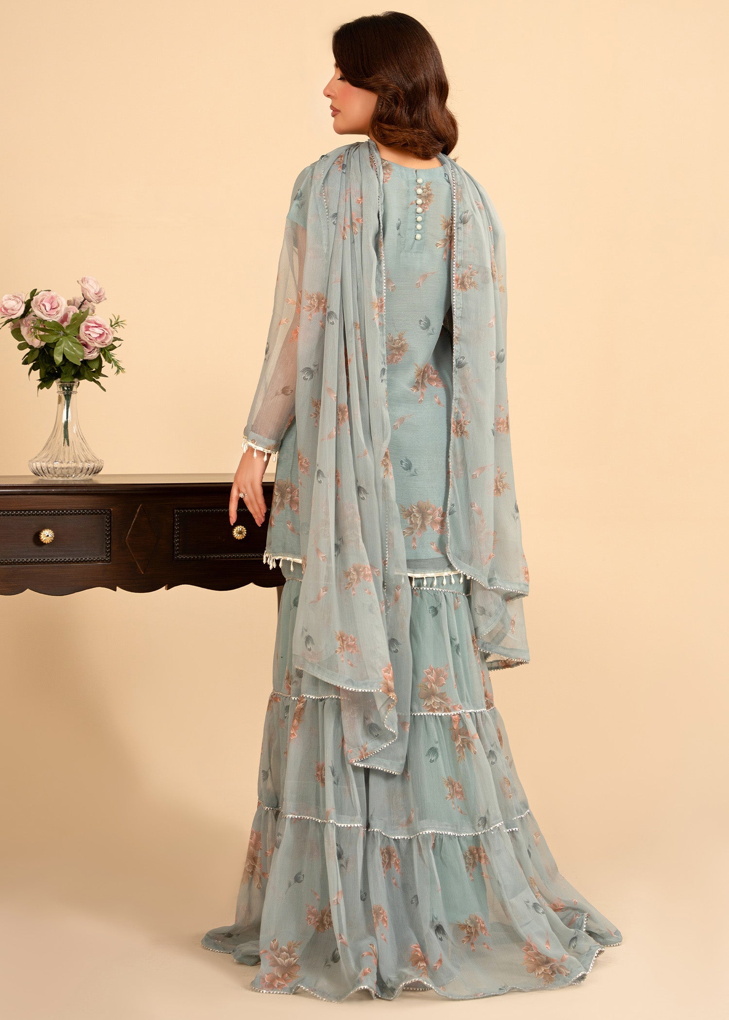 bemberg crinkle chiffon Gharara in Ice blue