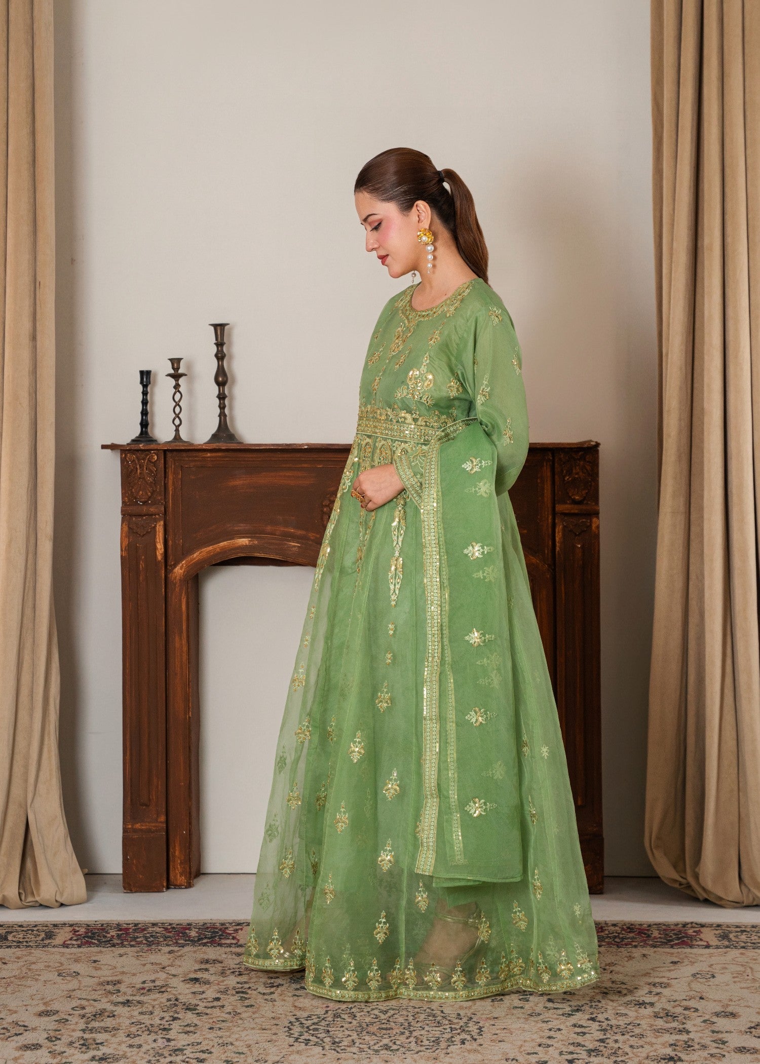 organza Pishwas in Key lime