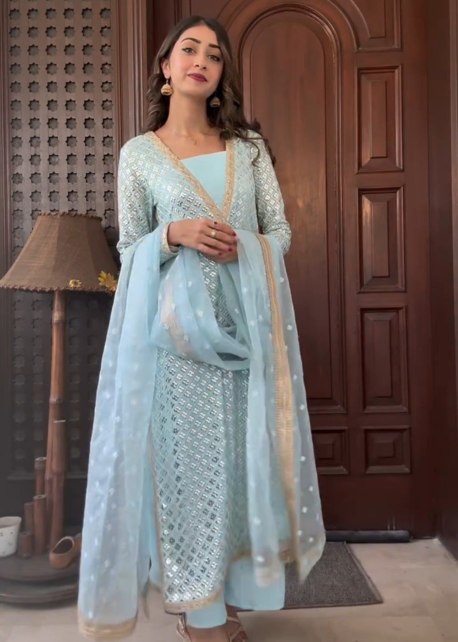 bemberg crinkle chiffon Kurta Set in Ice blue