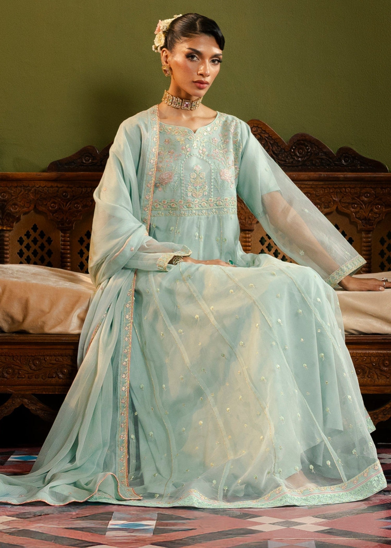 organza Pishwas in Aquamarine