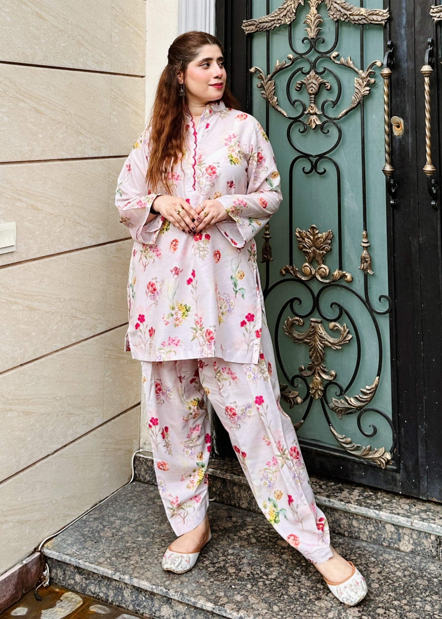 silk finish lawn Co Ord Sets in Beige