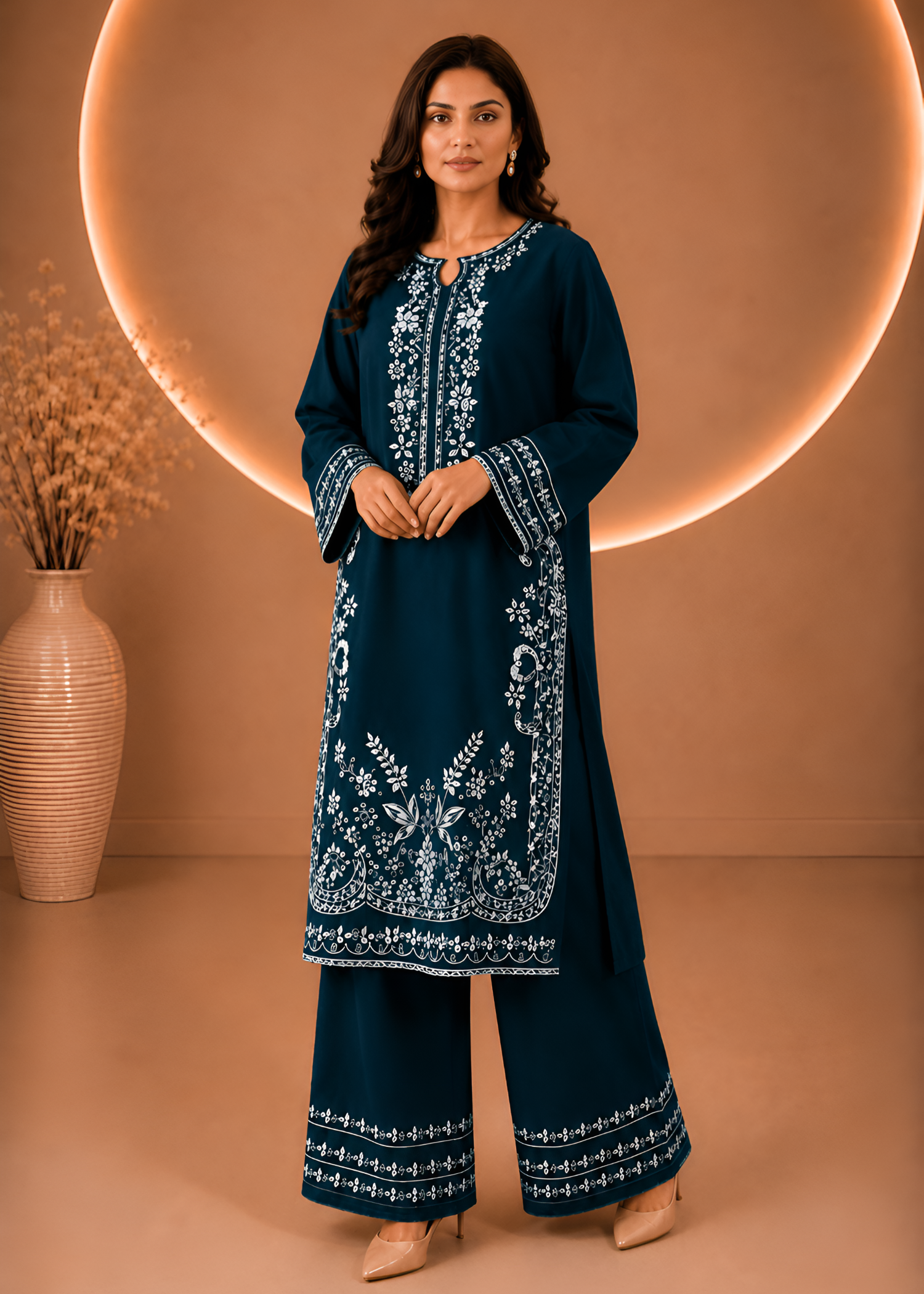 linen Kurta Set in Twilight blue