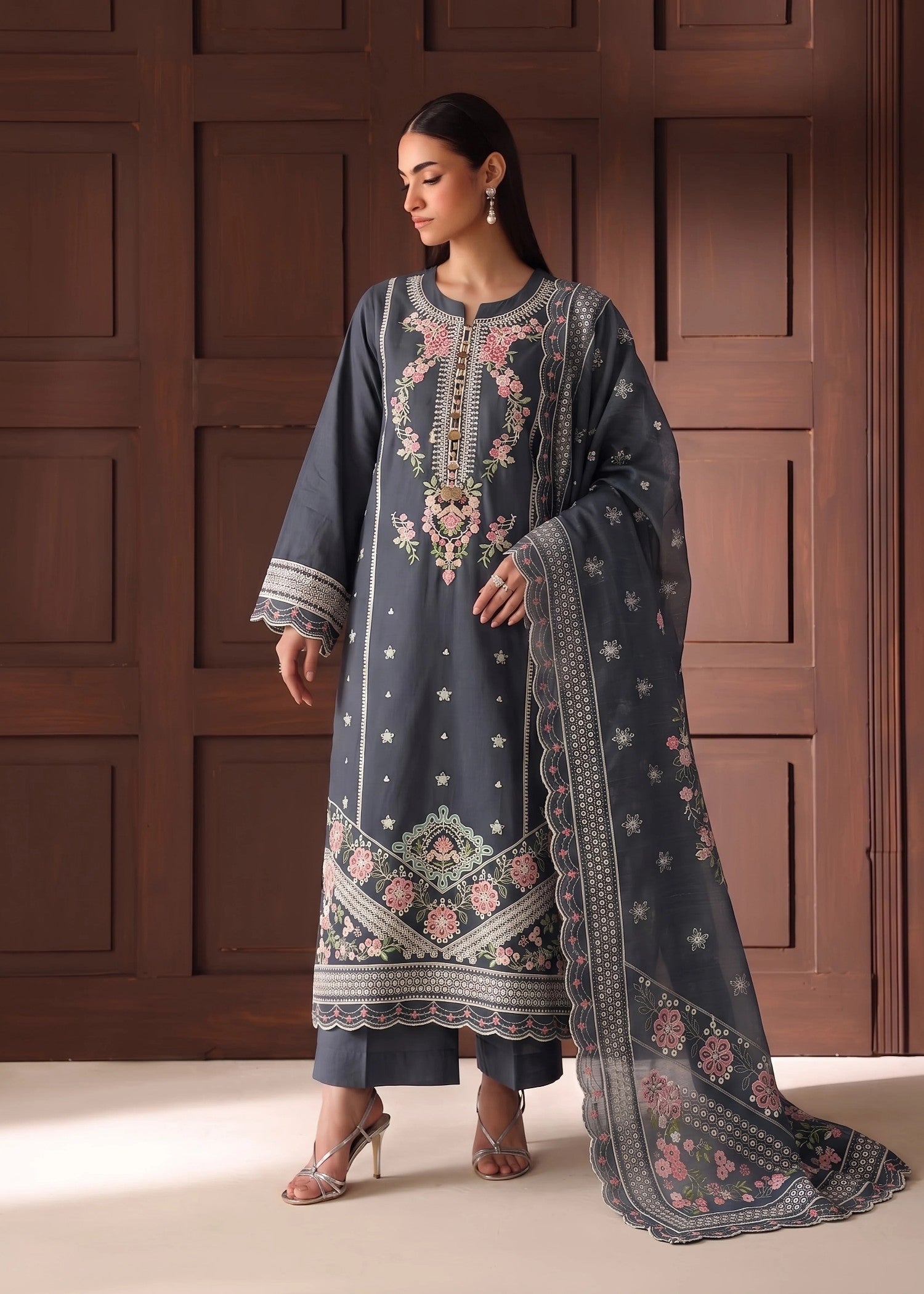 cotton linen Kurta Set in Slate grey