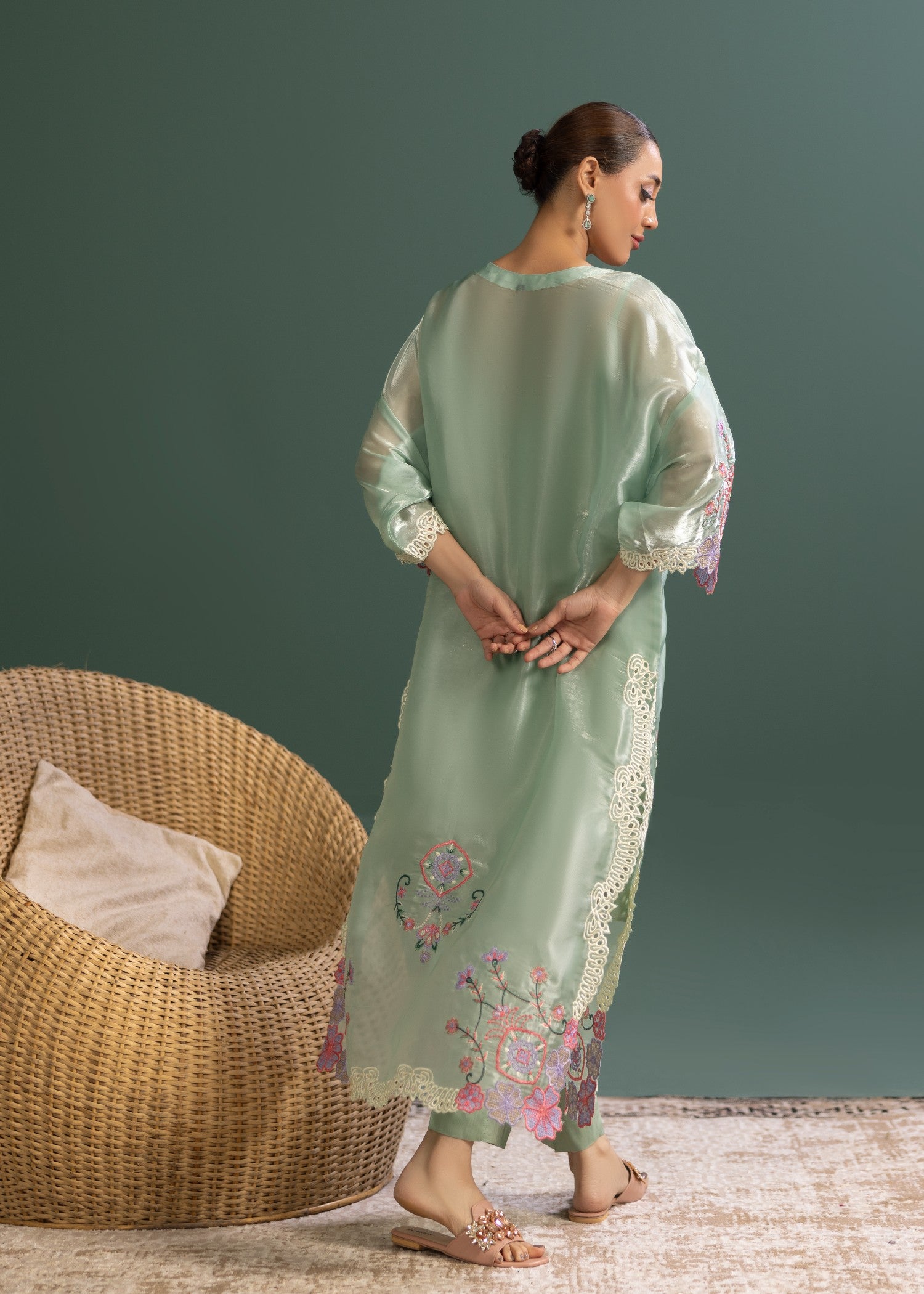 tussar silk Kaftan in Moss green
