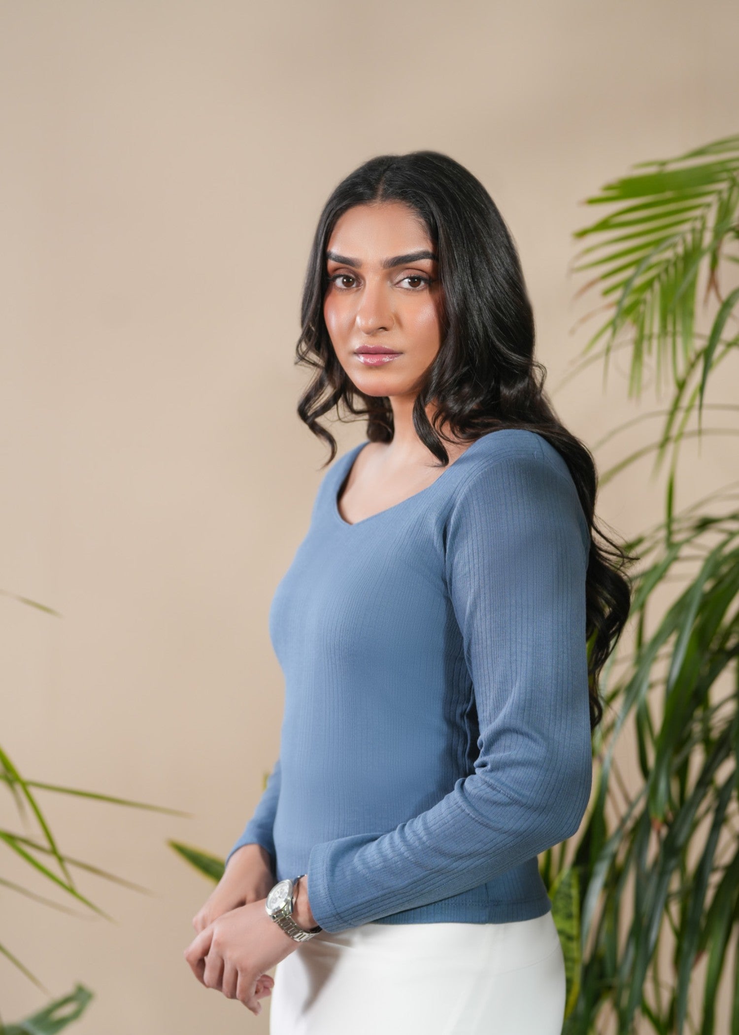 cotton pique Top in Steel blue