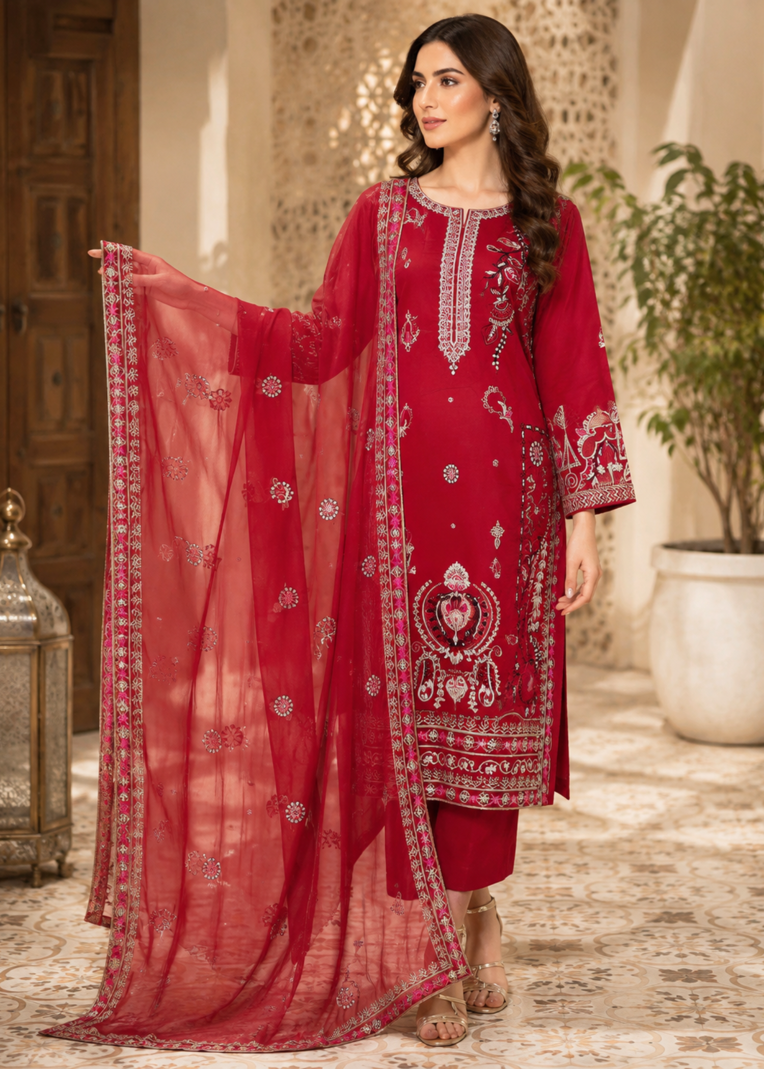 lawn cotton Kaftan in Crimson