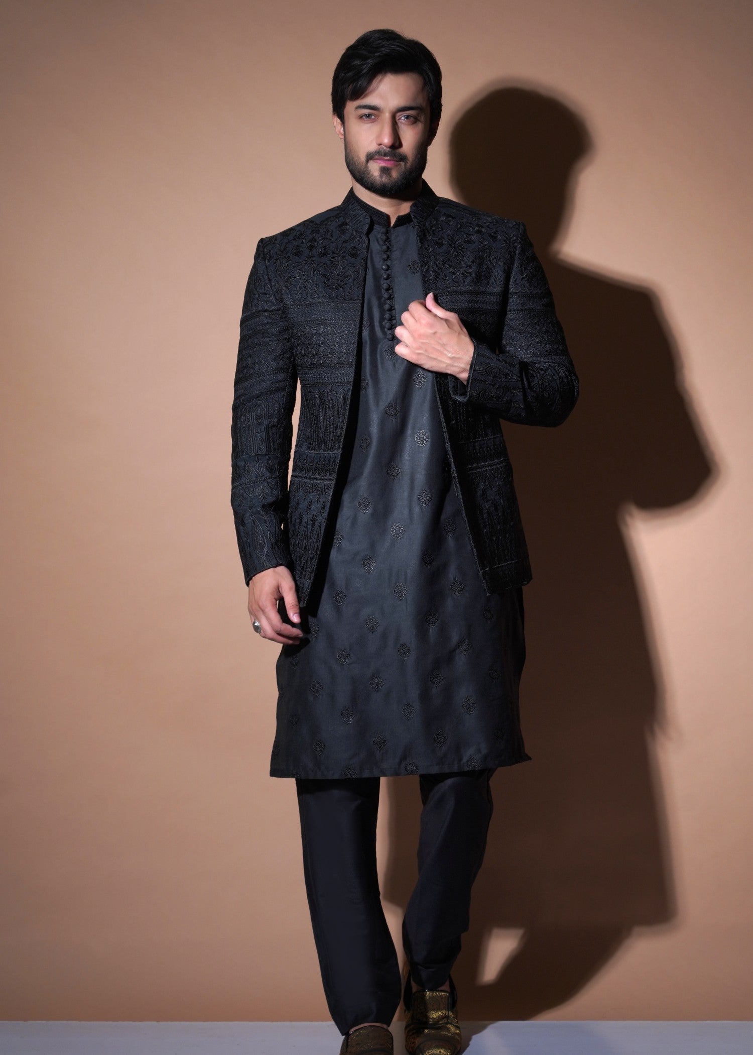 viscose raw silk Prince Coat in Black