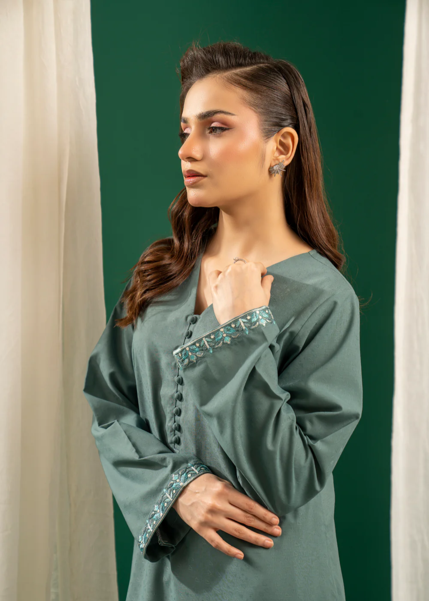 jacquard Kurta Set in Pastel green