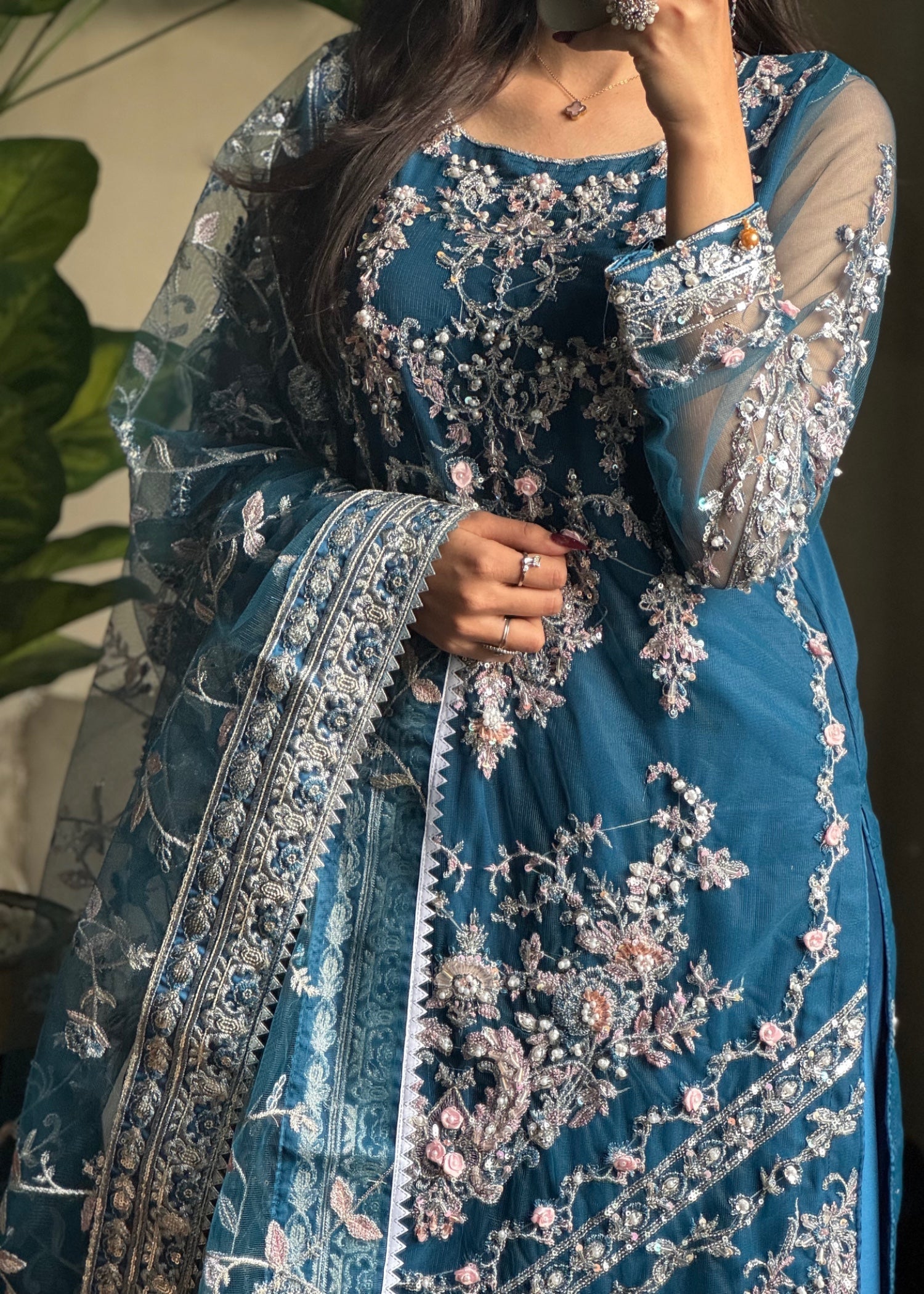 net Kurta Set in Teal