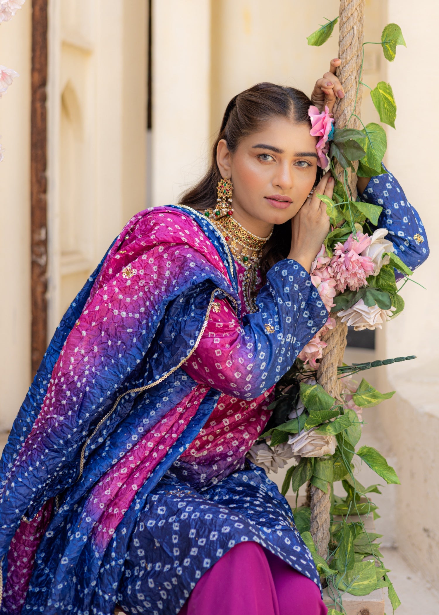 silk crepe Kurta Set in Indigo, magenta haze