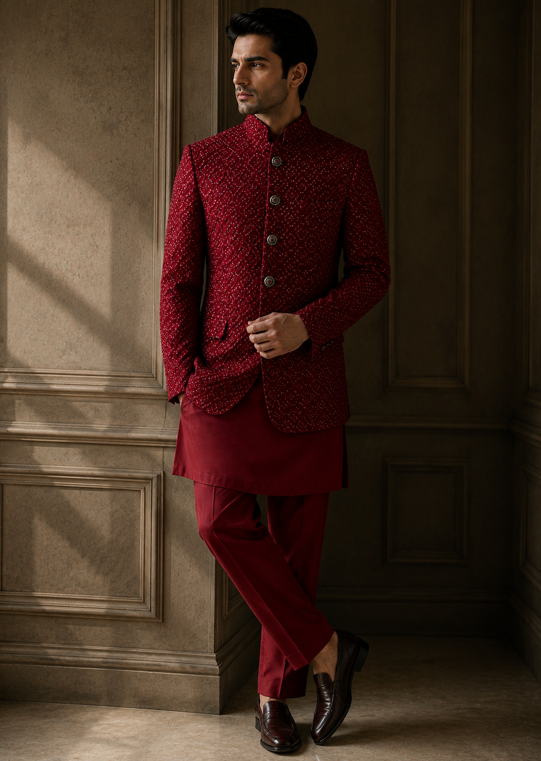 raw silk Prince Coat in Red, maroon