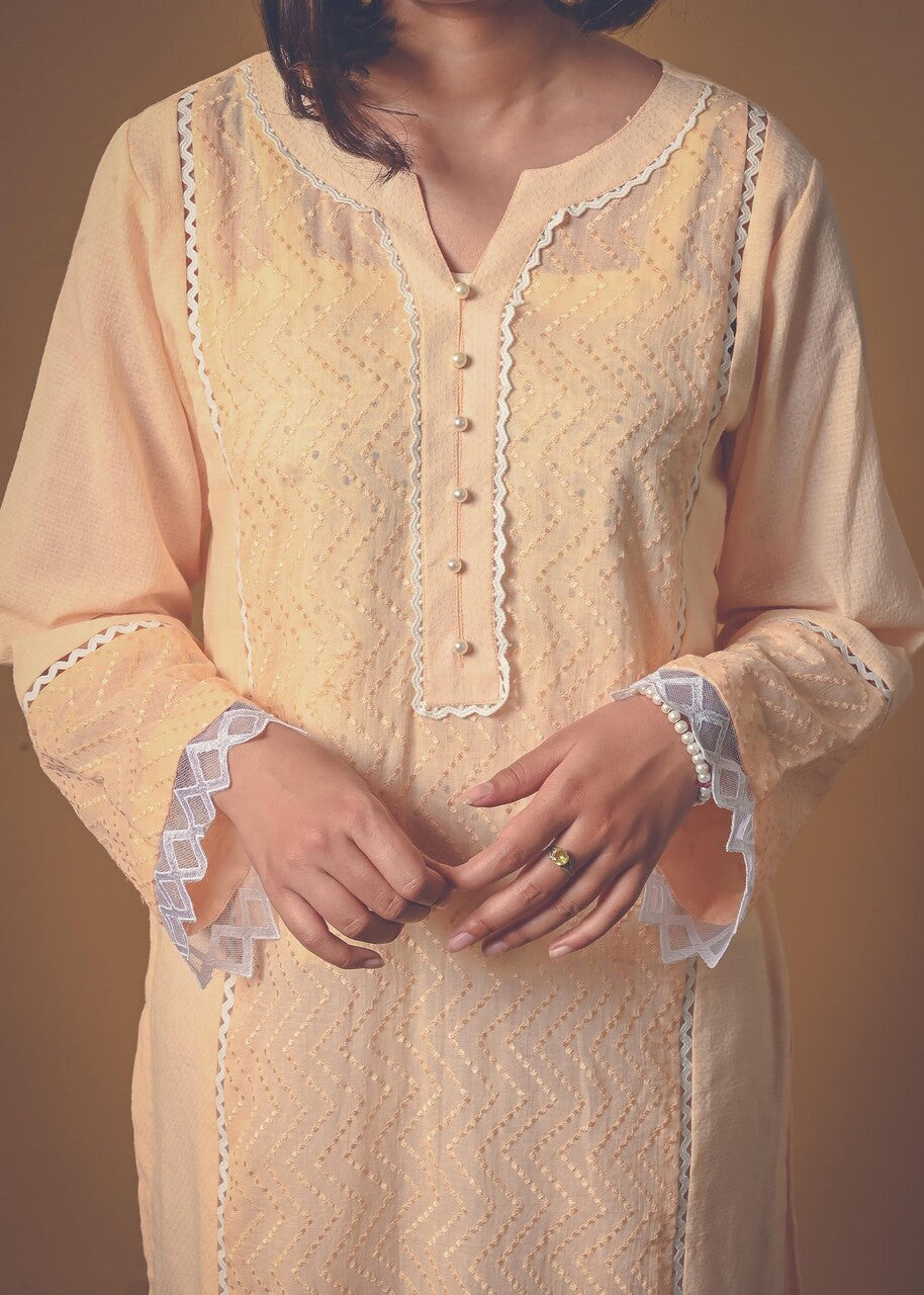 ribbed lawn Kurti in Peach pink