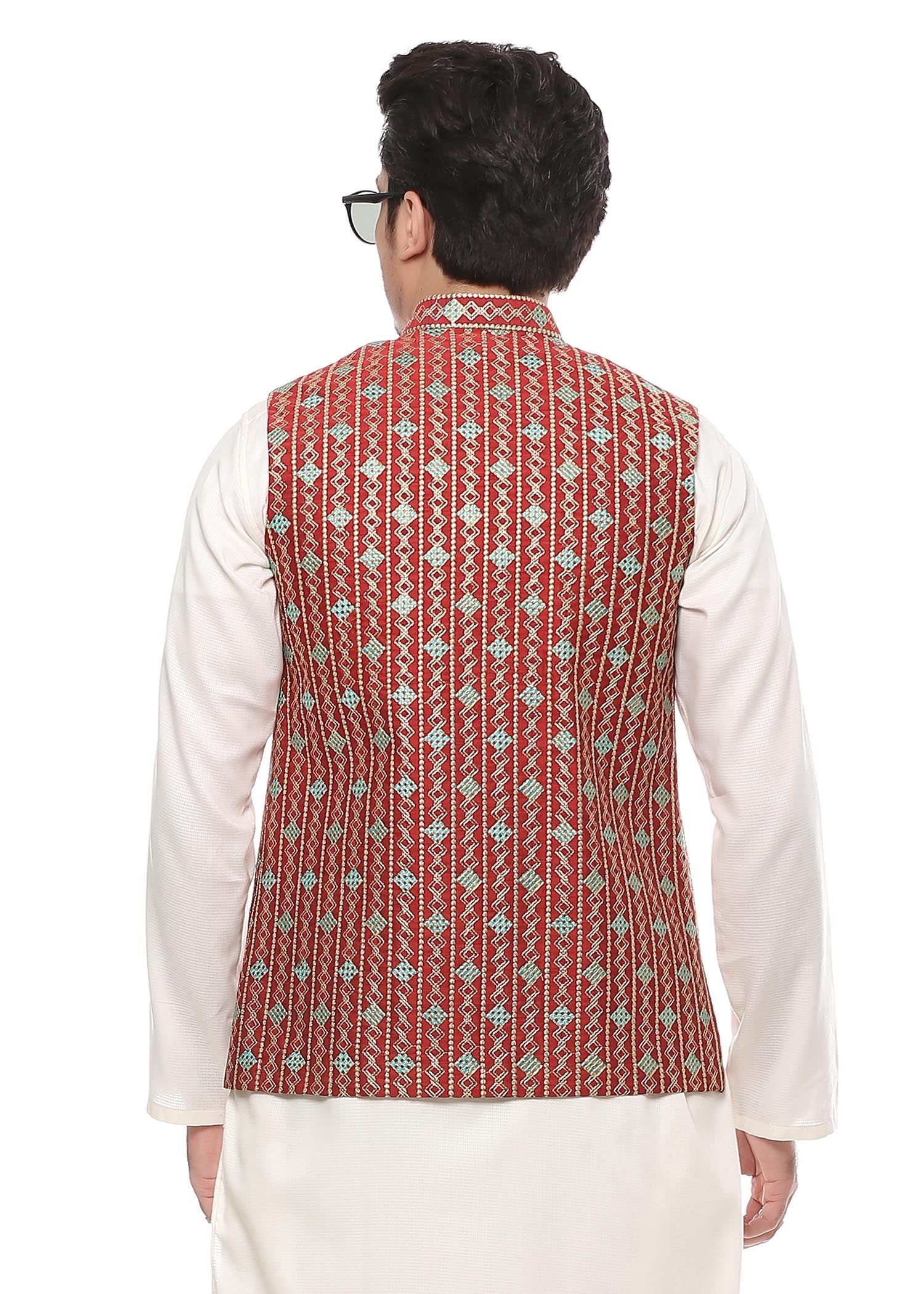 banarsi silk Waistcoat in Red