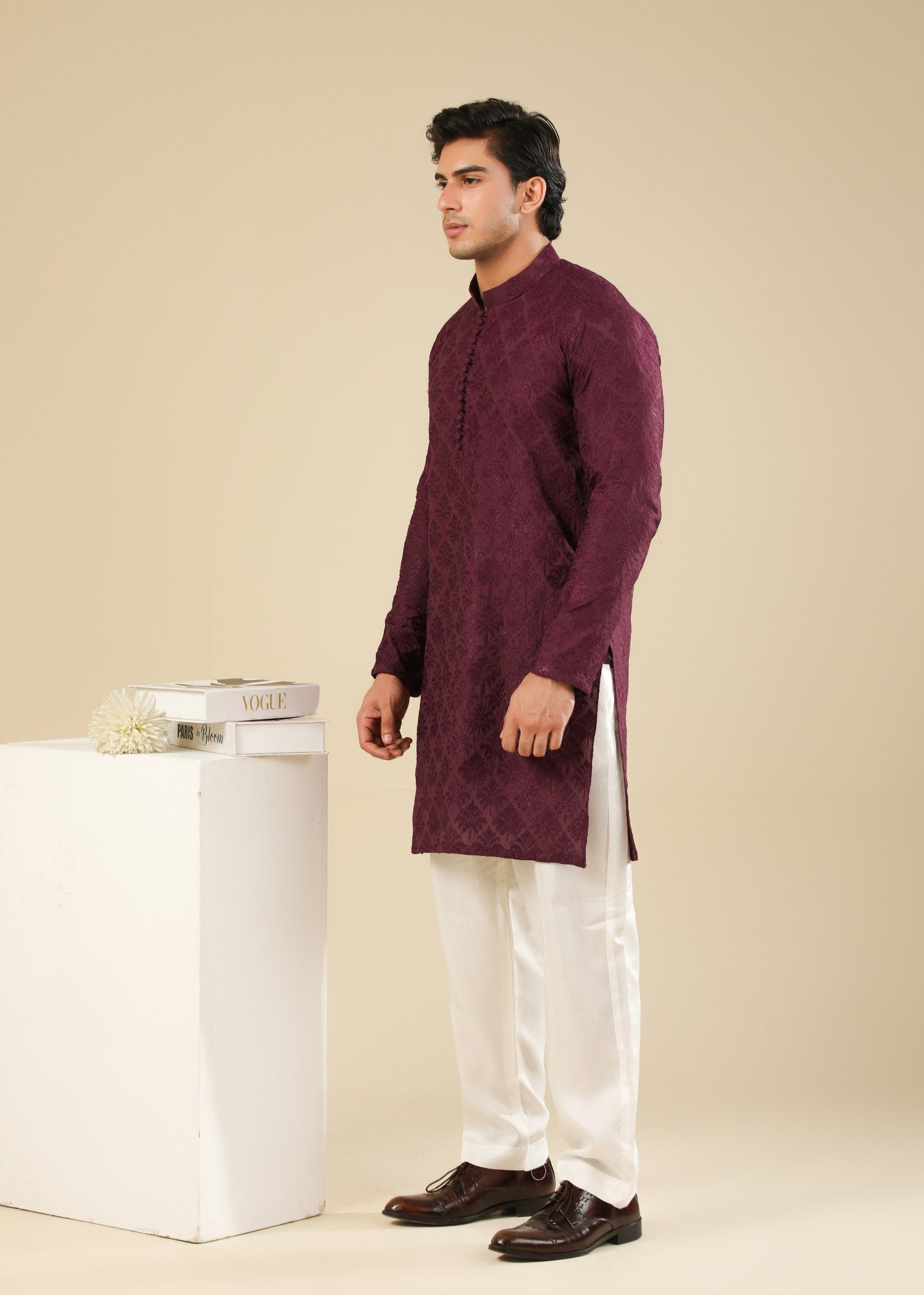raw silk Kurta Set in Maroon, white