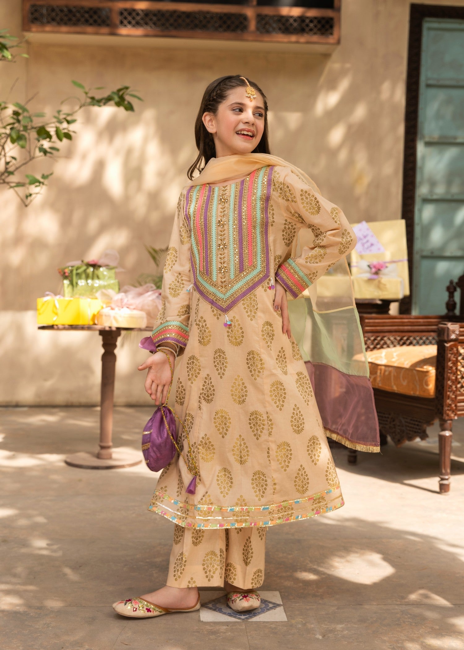 lawn cotton Pishwas in Beige