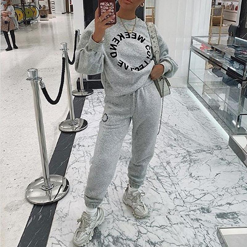 Letter Print Long-Sleeved Loose Casual Sweater Suit