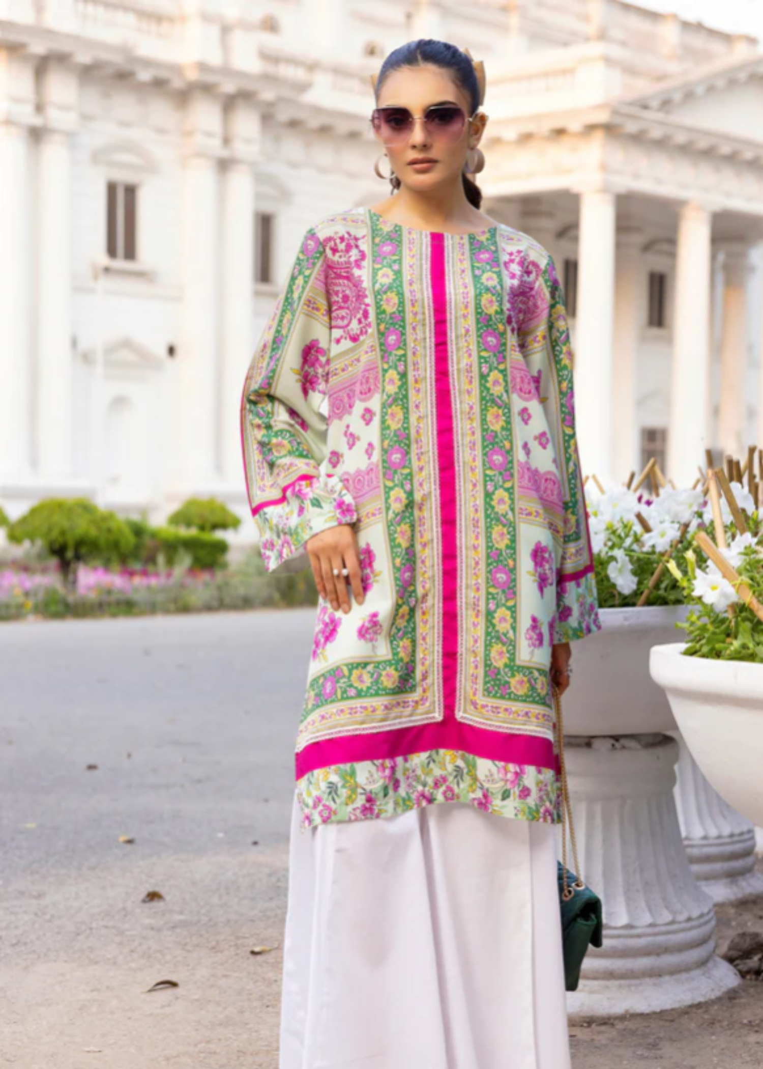 lawn Kurti in Forest green, white, lollipop pink