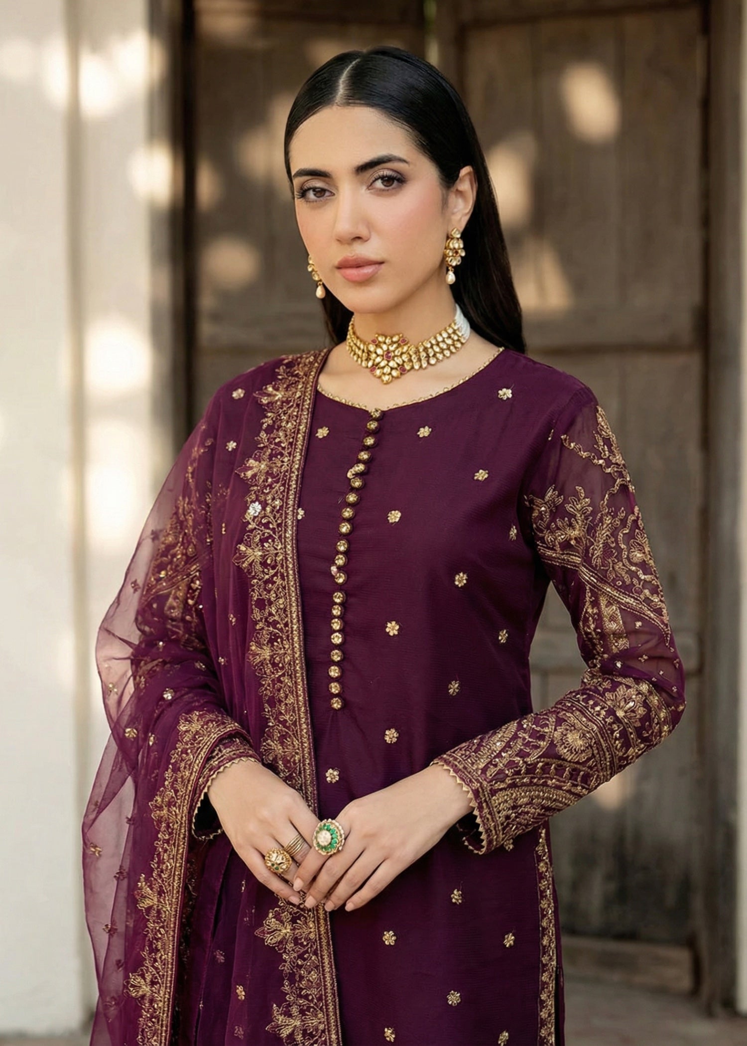 net Kurta Set in Plum