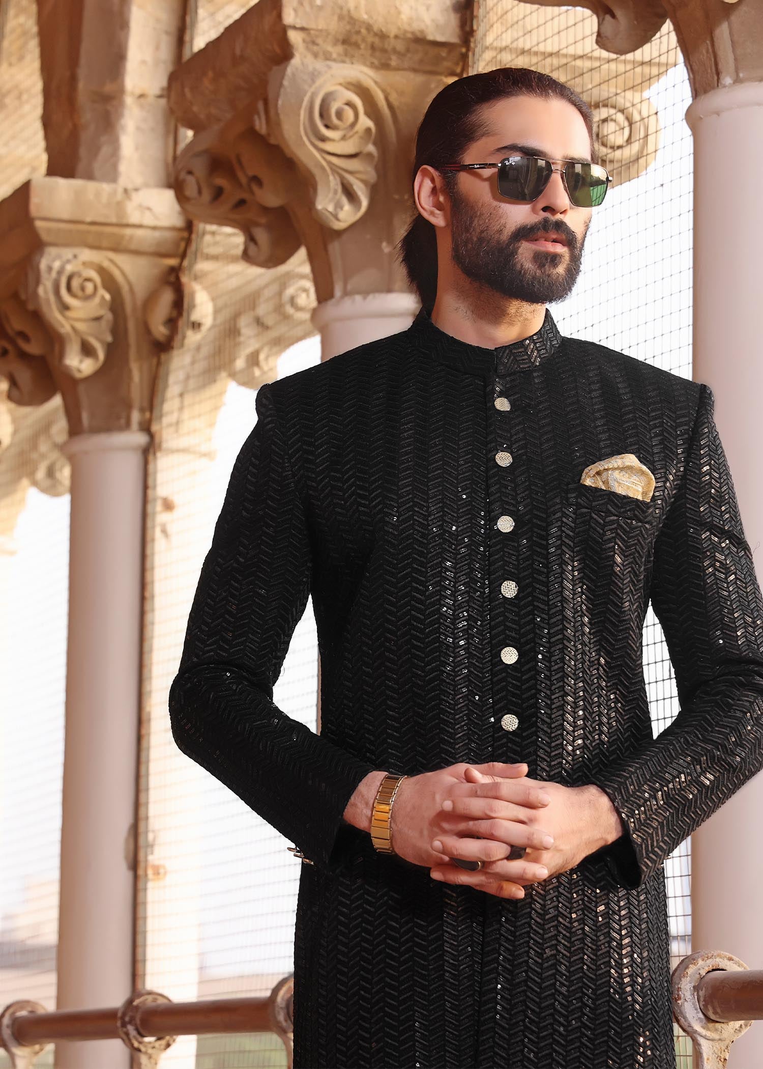 banarsi silk Sherwani in Black