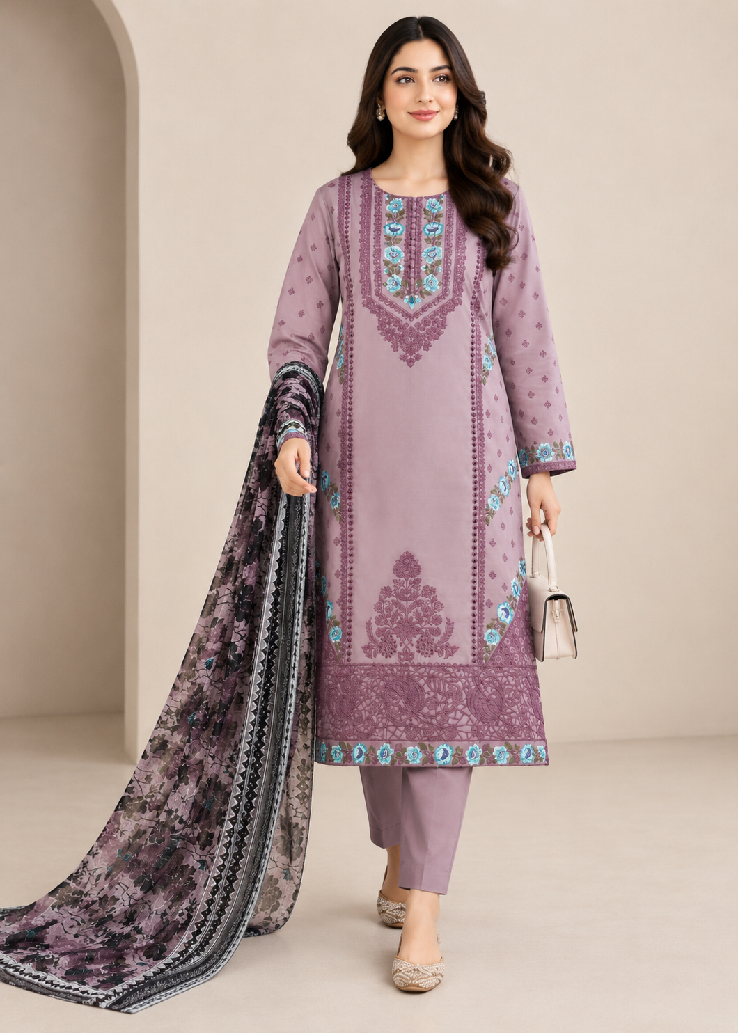 cambric cotton Kurta Set in Mauve
