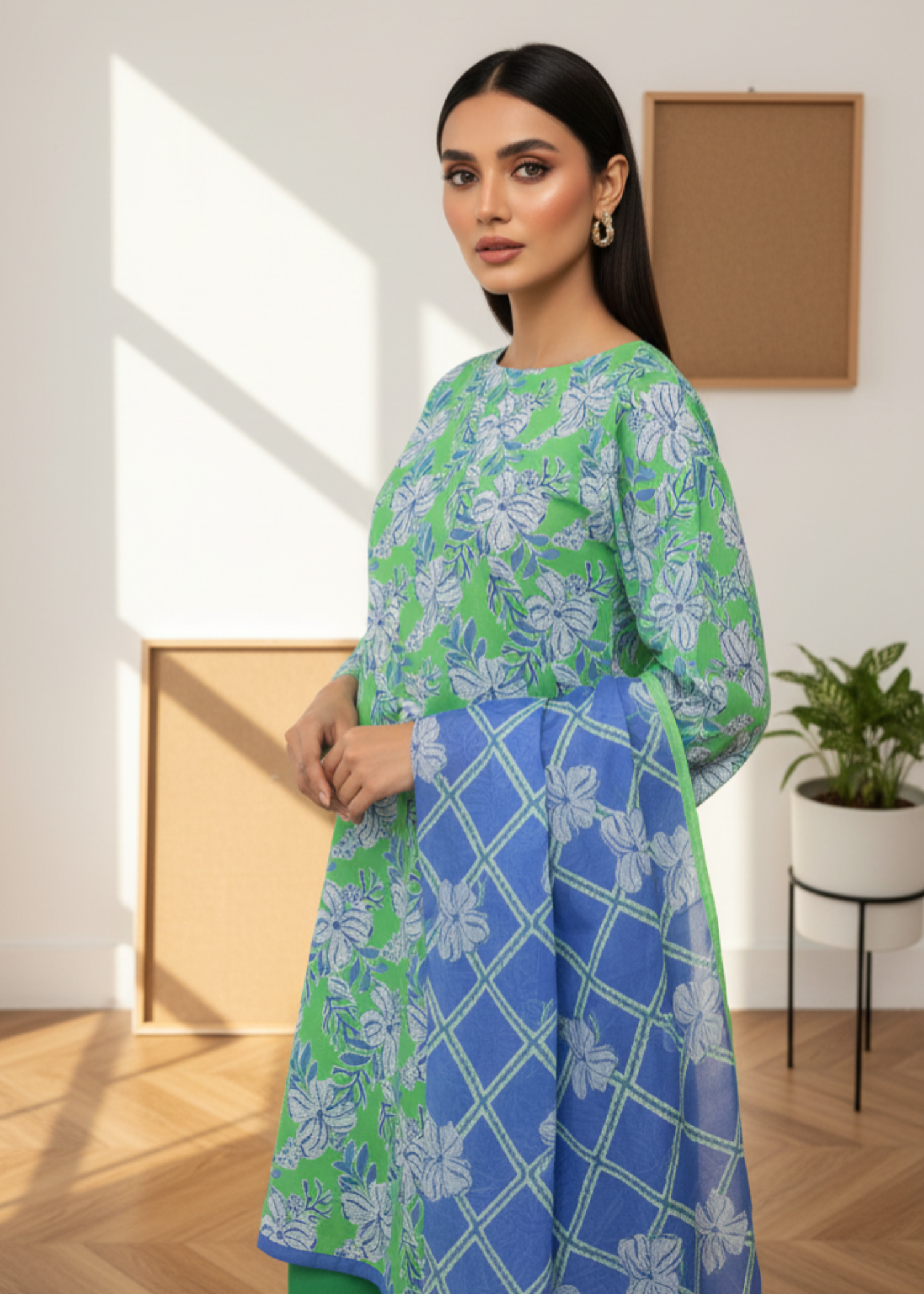 lawn Kurta Set in Cornflower blue, fern green