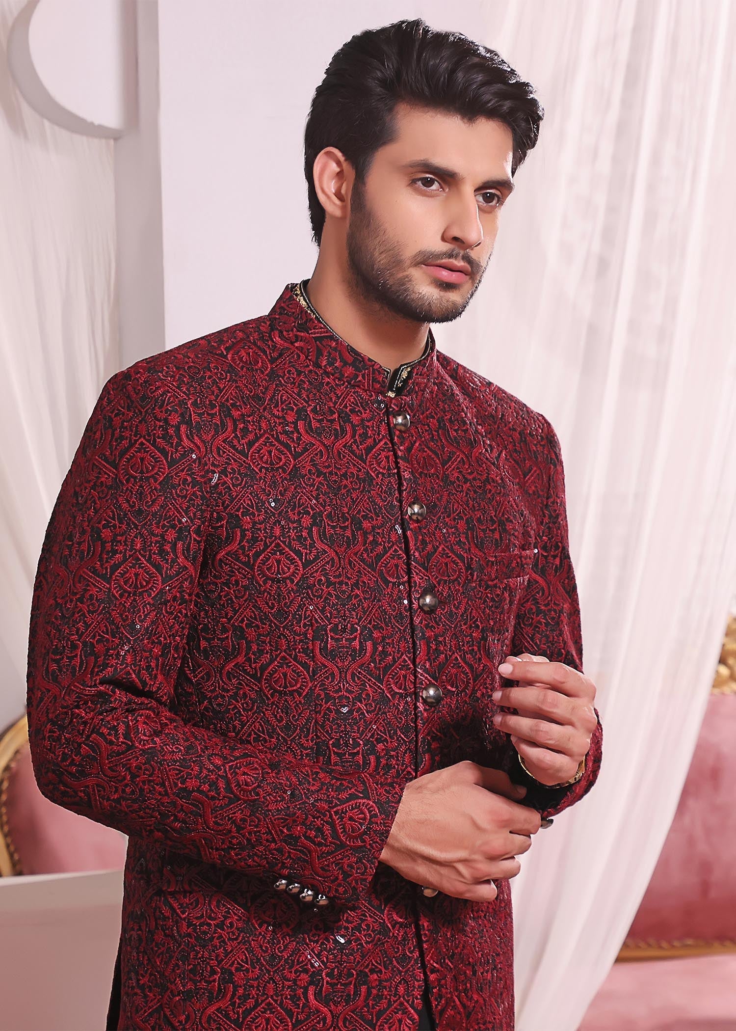 banarsi silk Prince Coat in Maroon