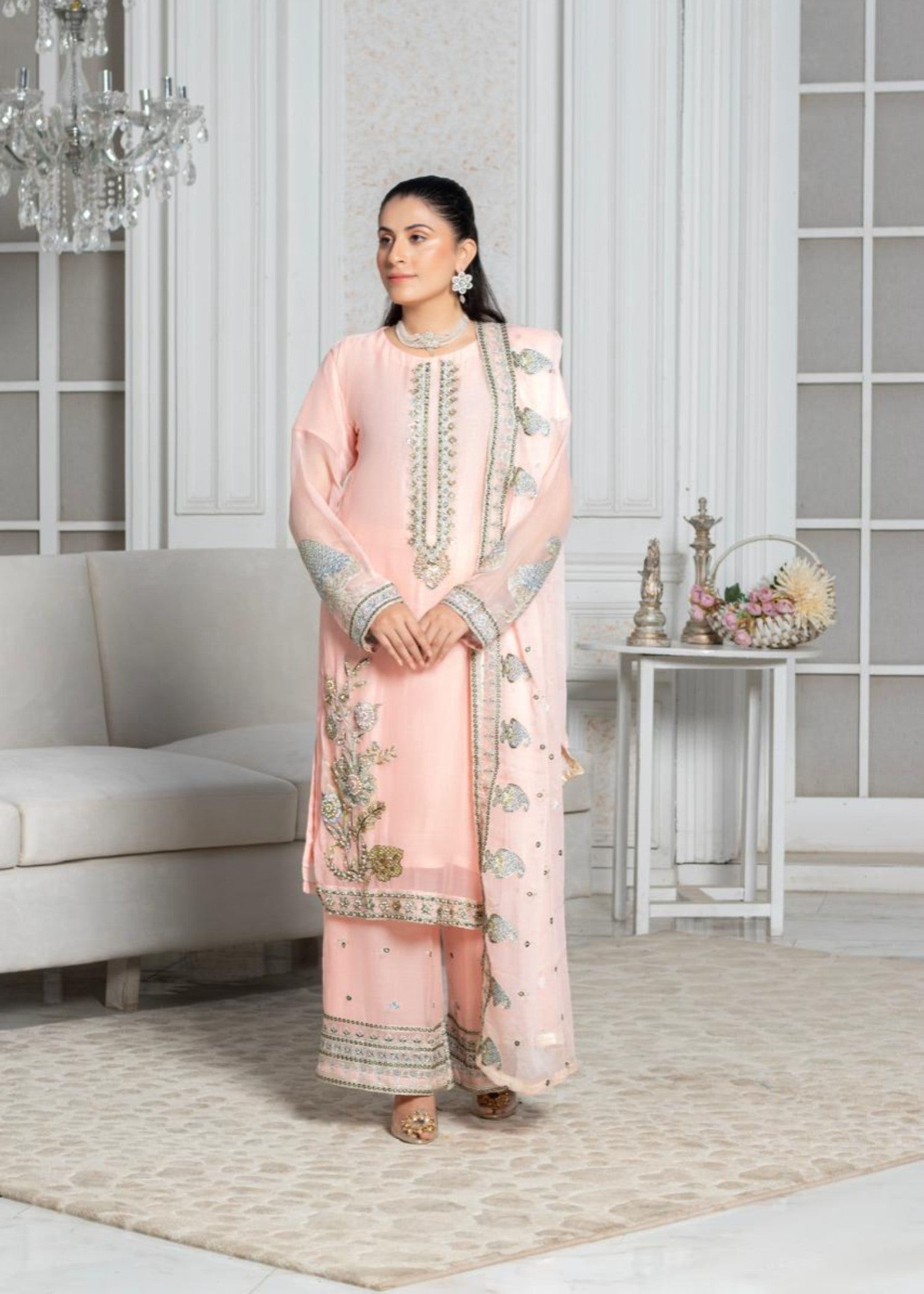 polyester chiffon Kurta Set in Peach orange