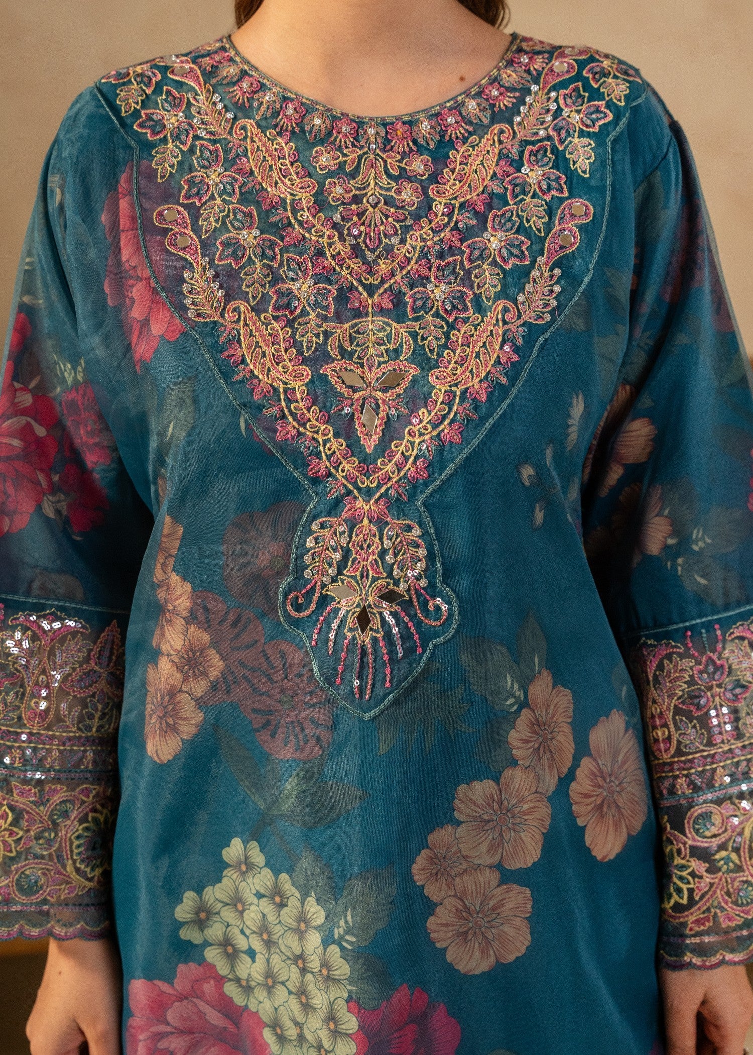 organza Kurta Set in Pine green