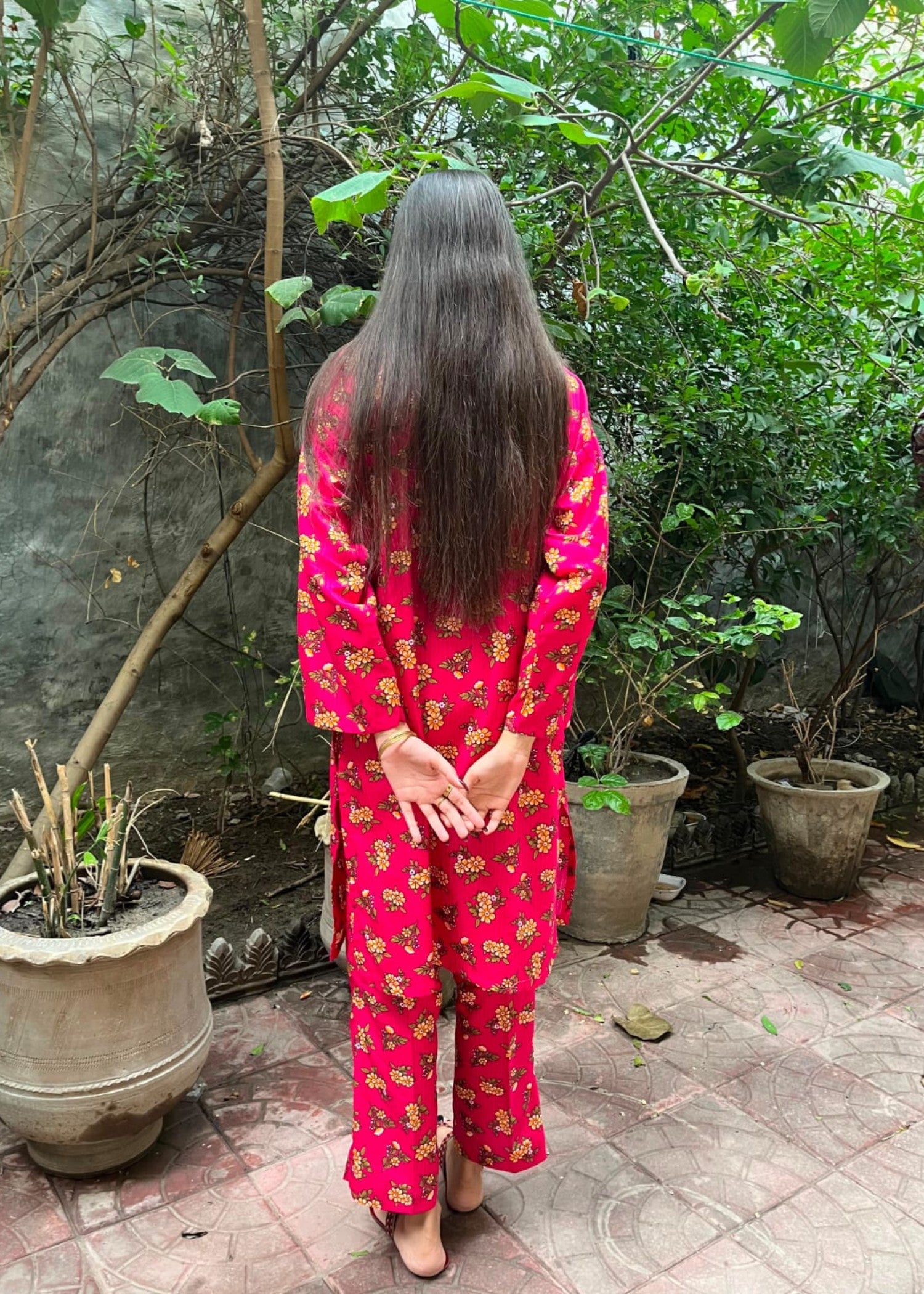 leno kara cotton Kurta Set in Deep pink