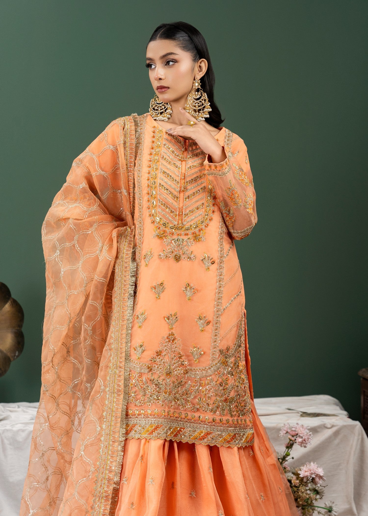 organza Gharara in Peach pink