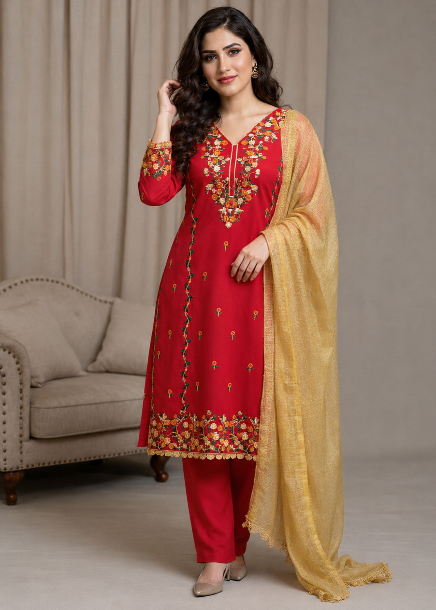 lawn cotton Unstitched in Tomato red