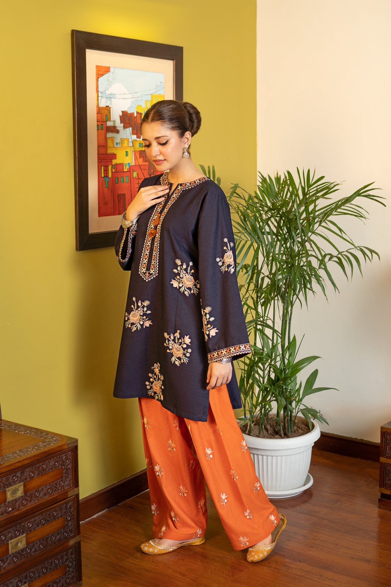 slub khaddar Kurta Set in Sunset orange, aegean blue