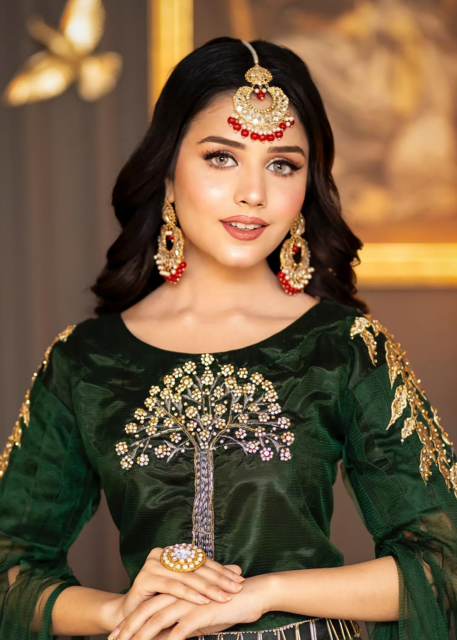 net Lehenga in Bottle green